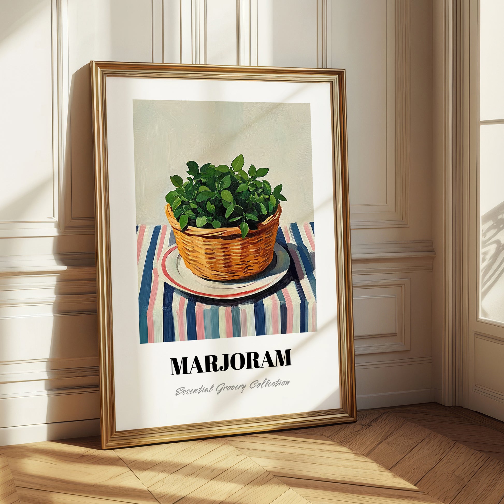 Marjoram – on Striped Tablecloth, Fresh Herbs Poster