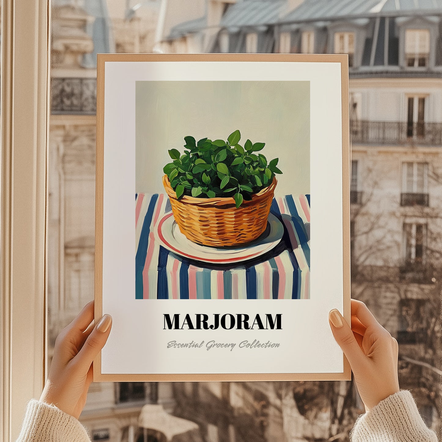 Marjoram – on Striped Tablecloth, Fresh Herbs Poster, styled in a charming Paris street view