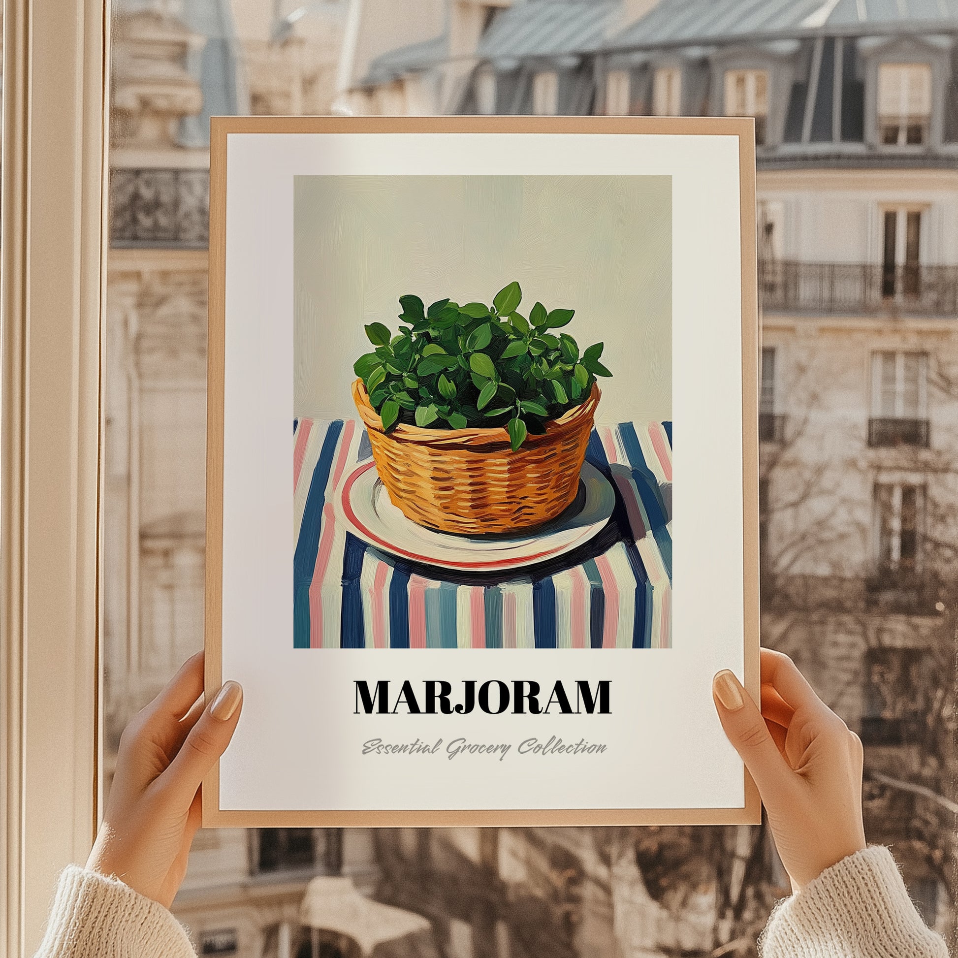 Marjoram – on Striped Tablecloth, Fresh Herbs Poster, styled in a charming Paris street view