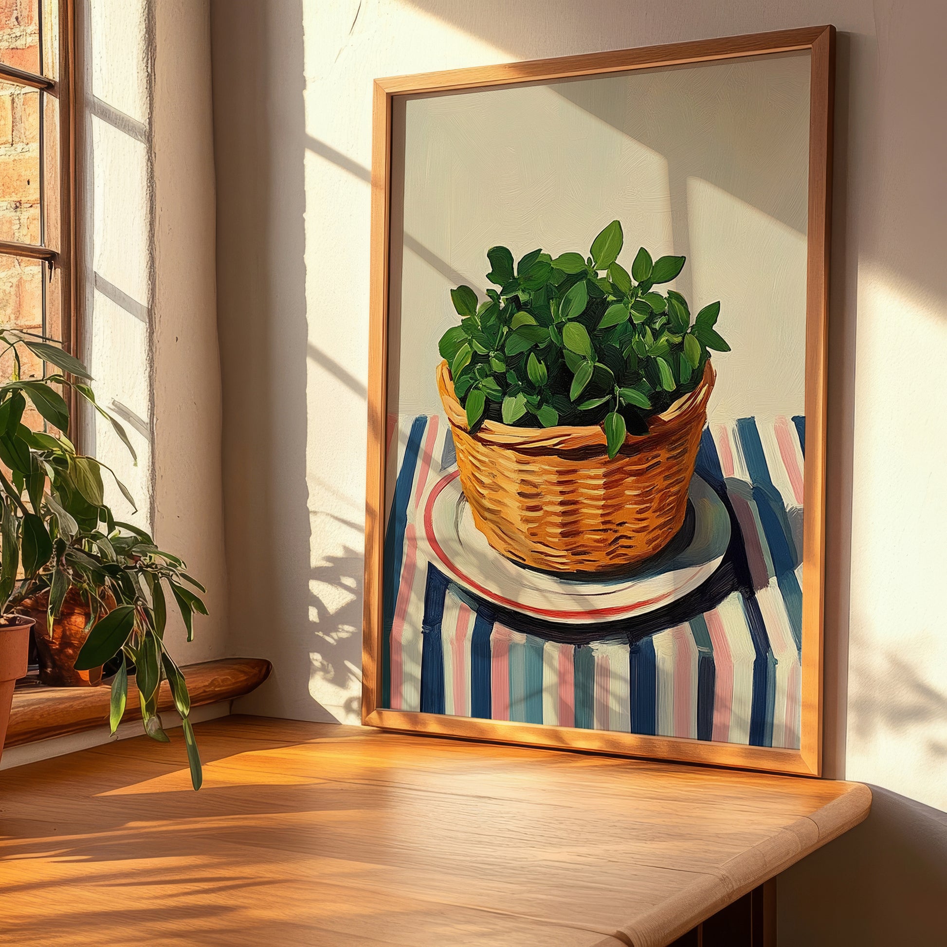 Marjoram – on Striped Tablecloth, Fresh Herbs Poster, clean layout with no caption