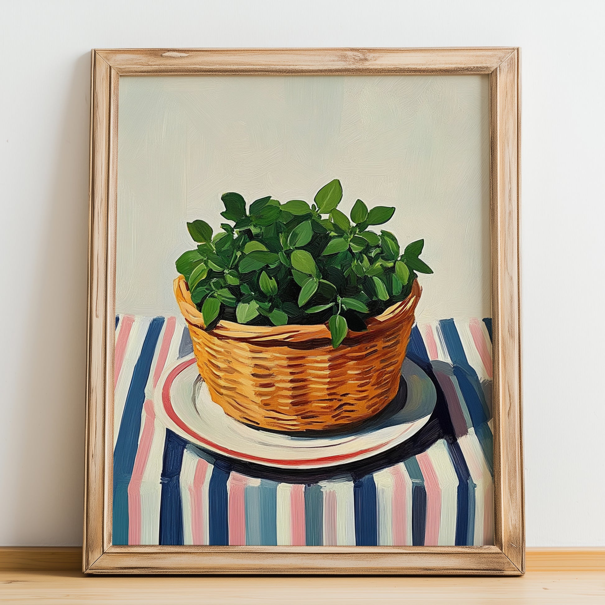 Marjoram – on Striped Tablecloth, Fresh Herbs Poster, no-text version framed in wood