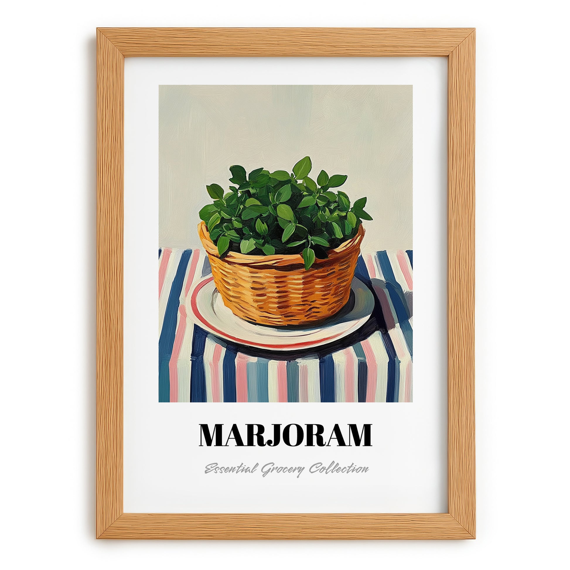 Marjoram – on Striped Tablecloth, Fresh Herbs Poster, set in oak frame