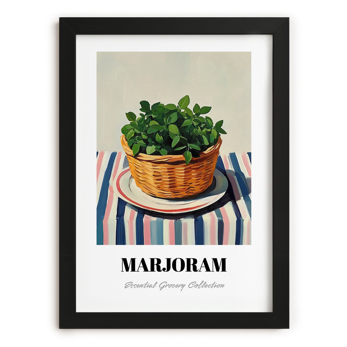 Marjoram – on Striped Tablecloth, Fresh Herbs Poster, in sleek black frame