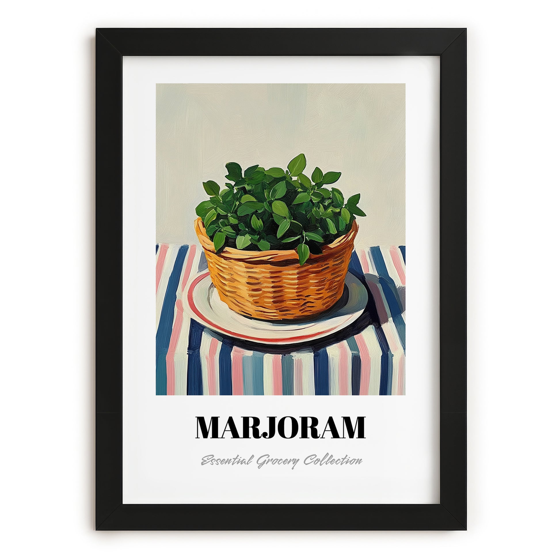 Marjoram – on Striped Tablecloth, Fresh Herbs Poster, in sleek black frame