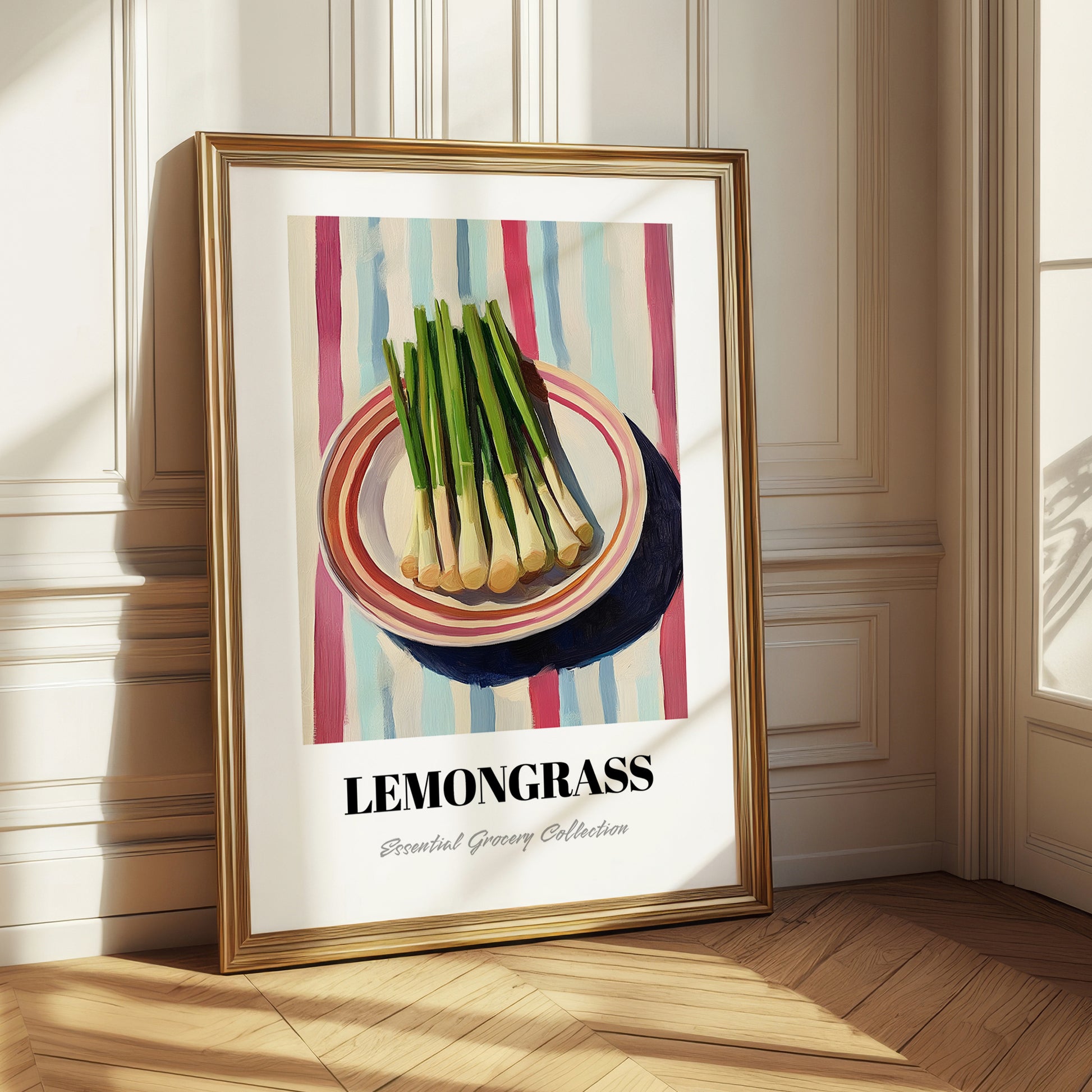 Lemongrass – on Striped Tablecloth, Fresh Herbs Wall Painting