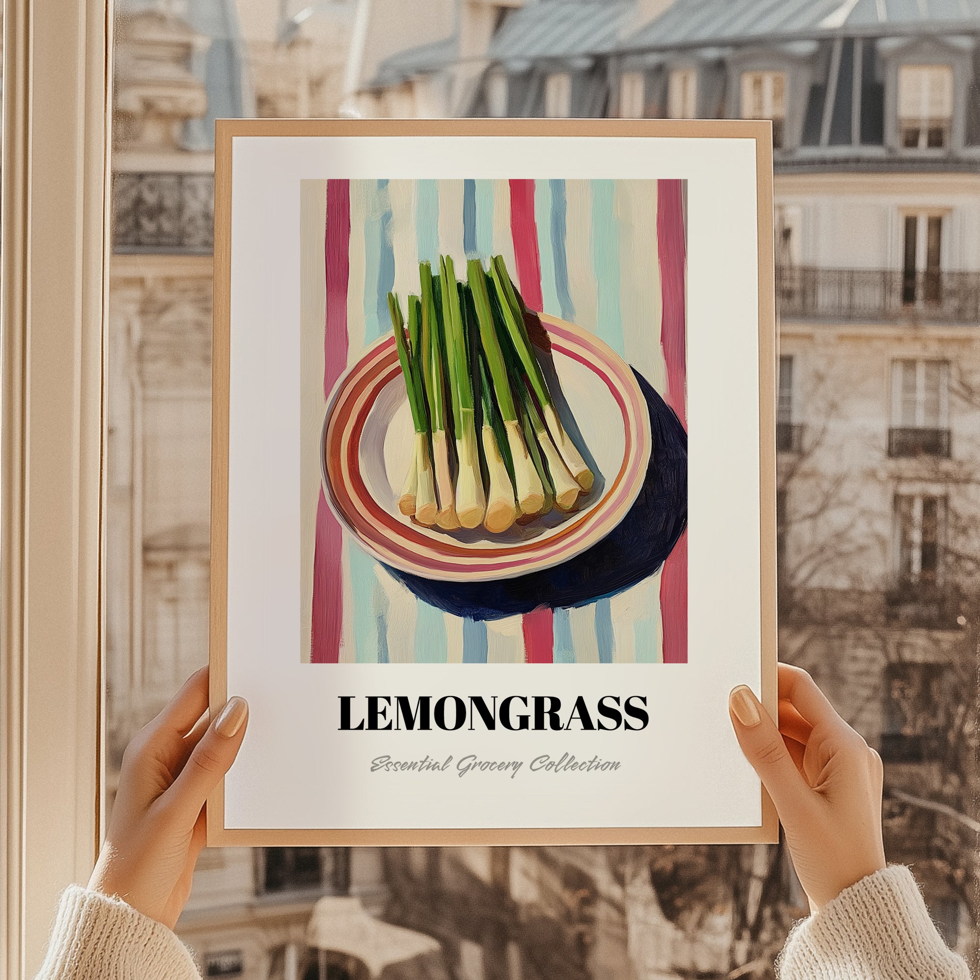 Lemongrass – on Striped Tablecloth, Fresh Herbs Wall Painting, styled in a charming Paris street view