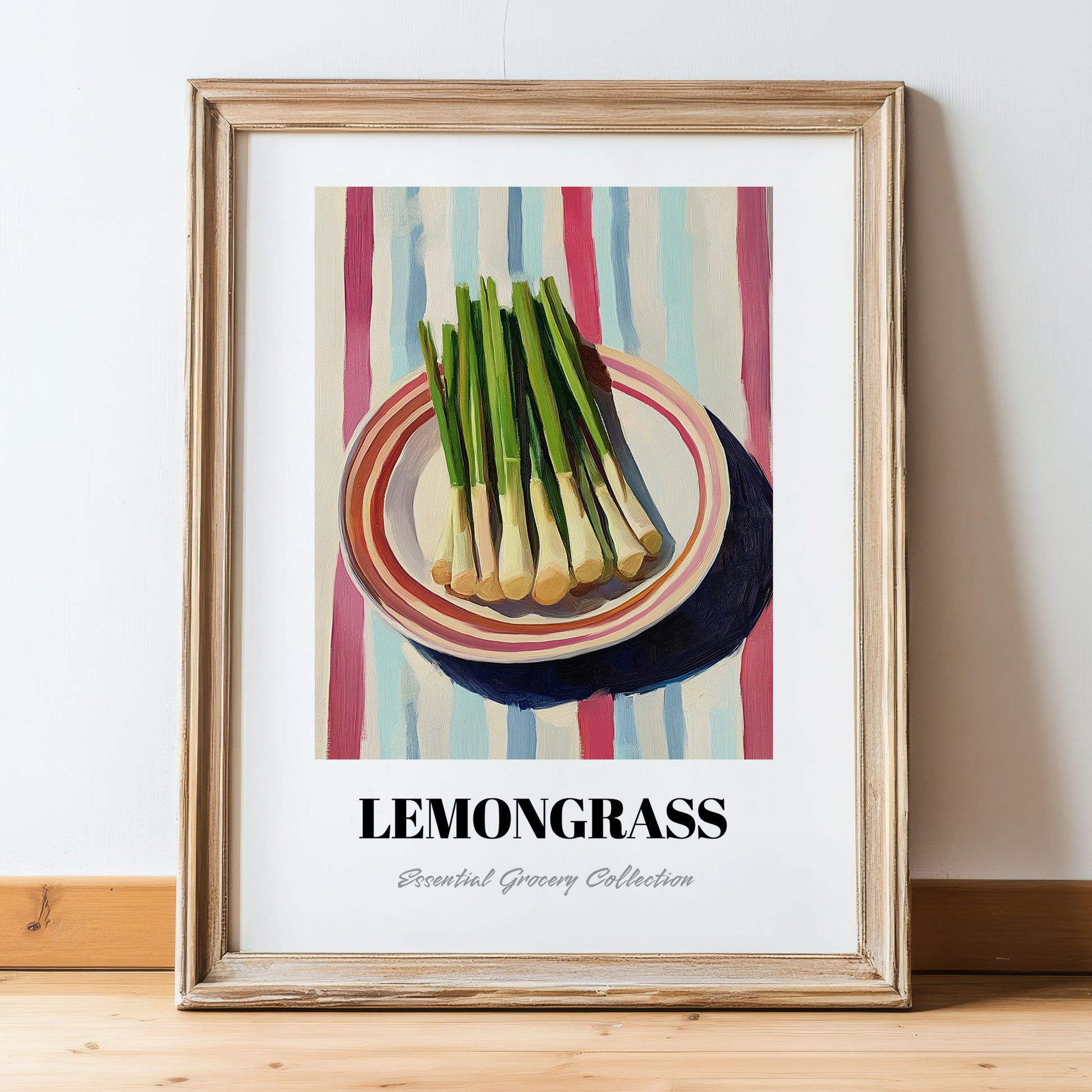 Lemongrass – on Striped Tablecloth, Fresh Herbs Wall Painting, in wooden frame leaning on the floor