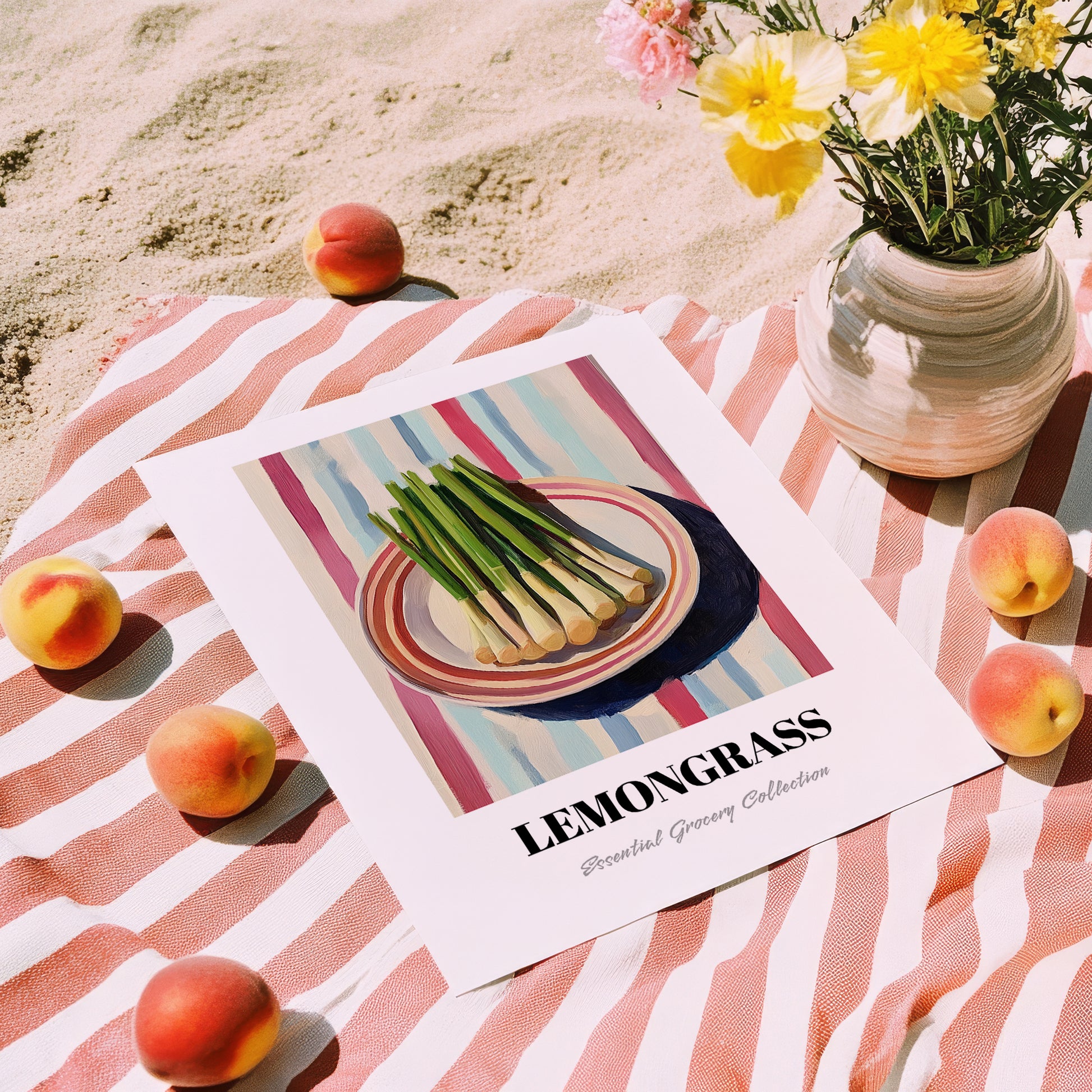 Lemongrass – on Striped Tablecloth, Fresh Herbs Wall Painting, unframed on coastal sand