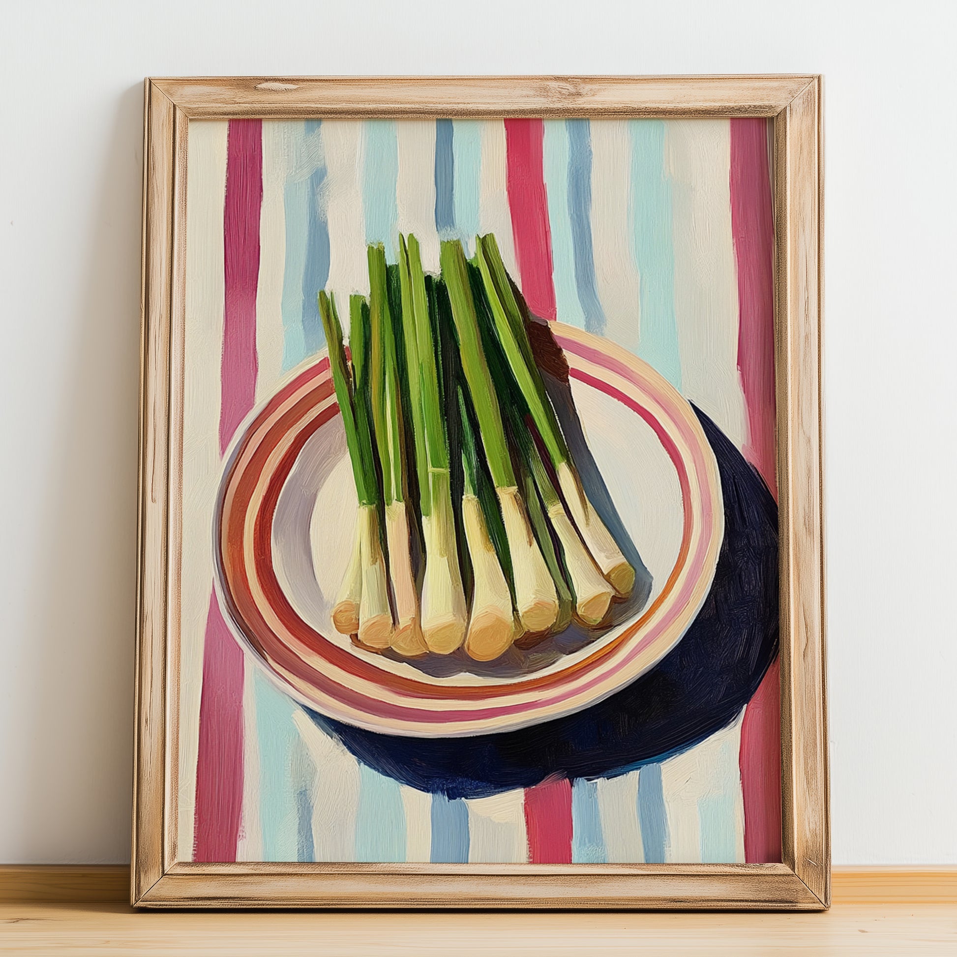 Lemongrass – on Striped Tablecloth, Fresh Herbs Wall Painting, no-text version framed in wood