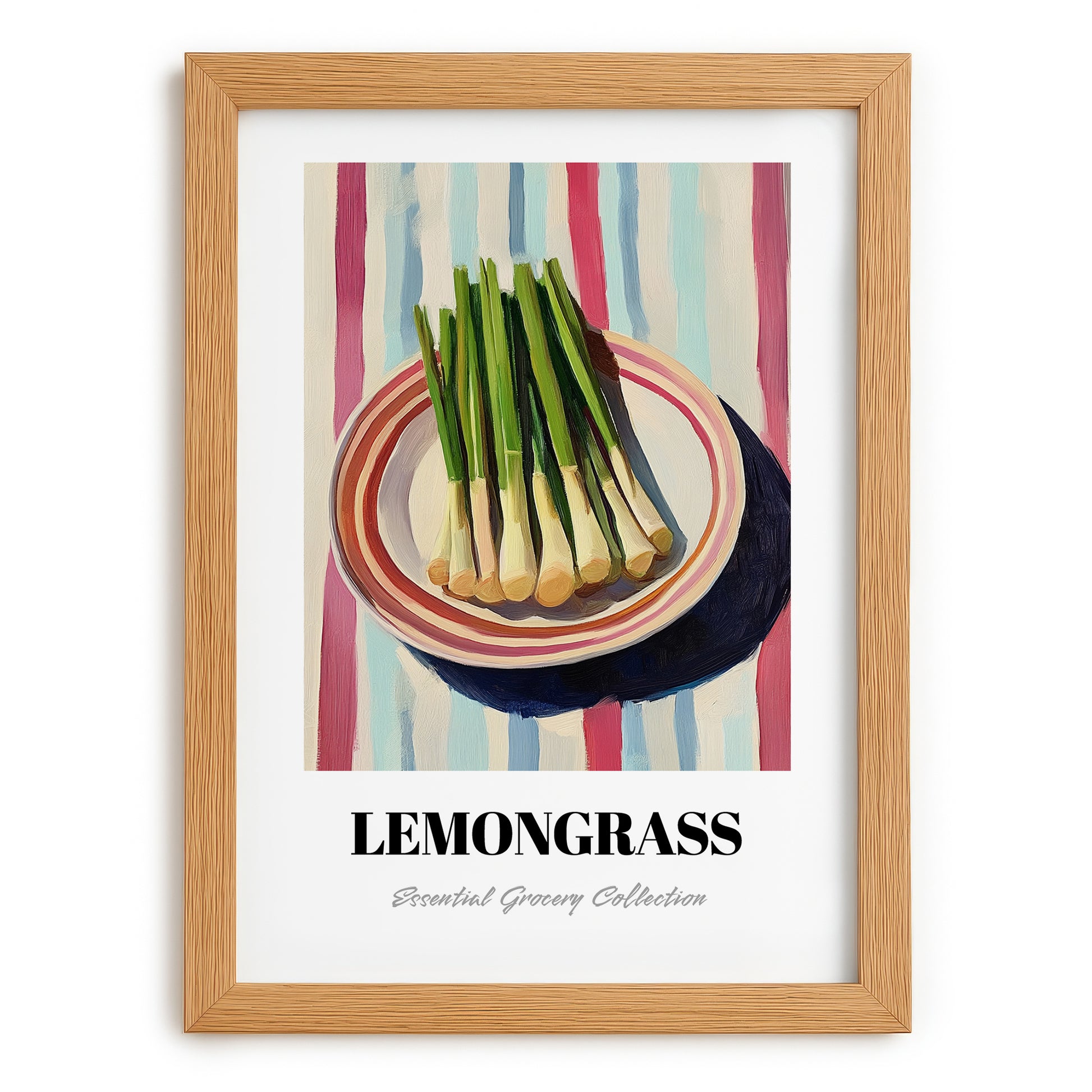 Lemongrass – on Striped Tablecloth, Fresh Herbs Wall Painting, set in oak frame