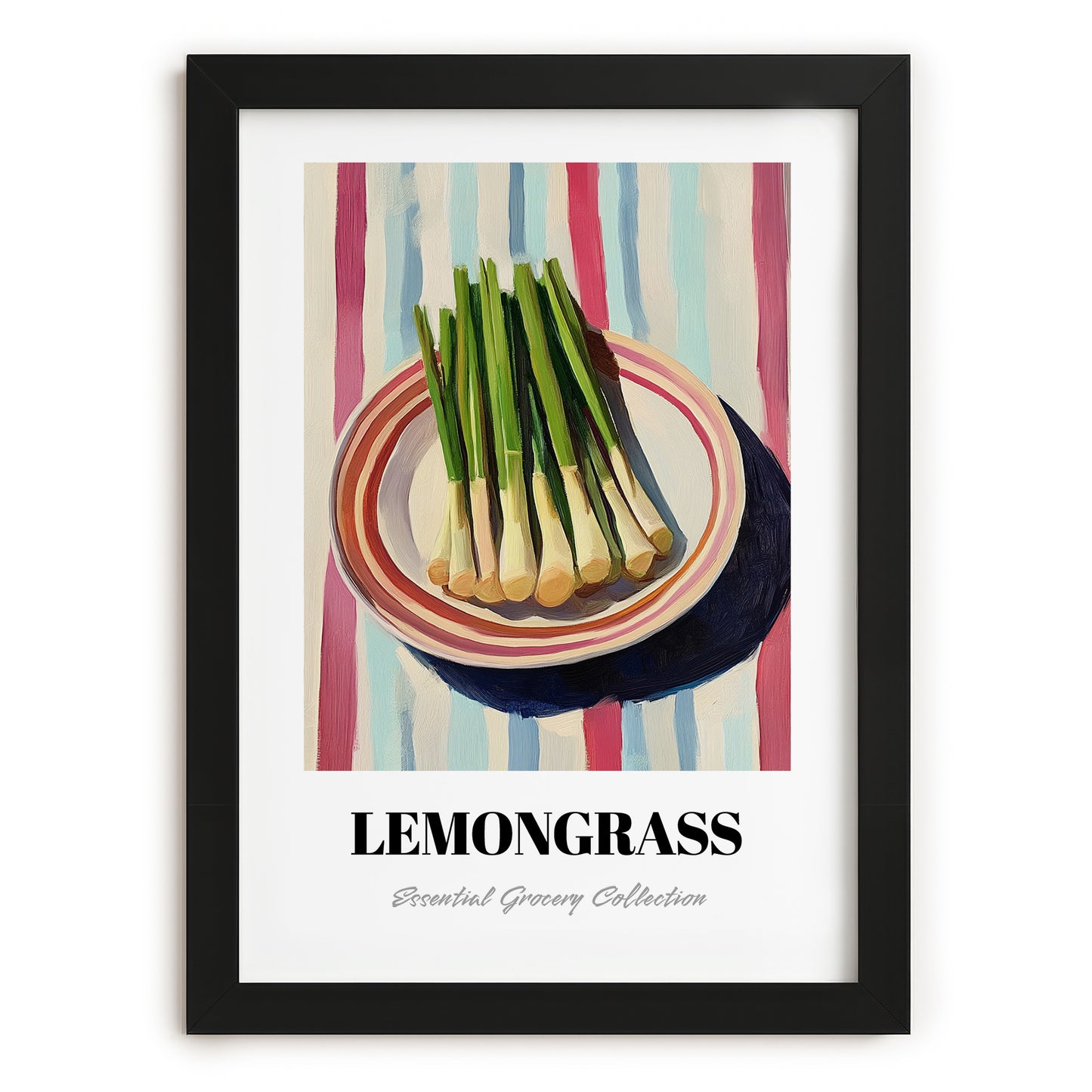 Lemongrass – on Striped Tablecloth, Fresh Herbs Wall Painting, in sleek black frame