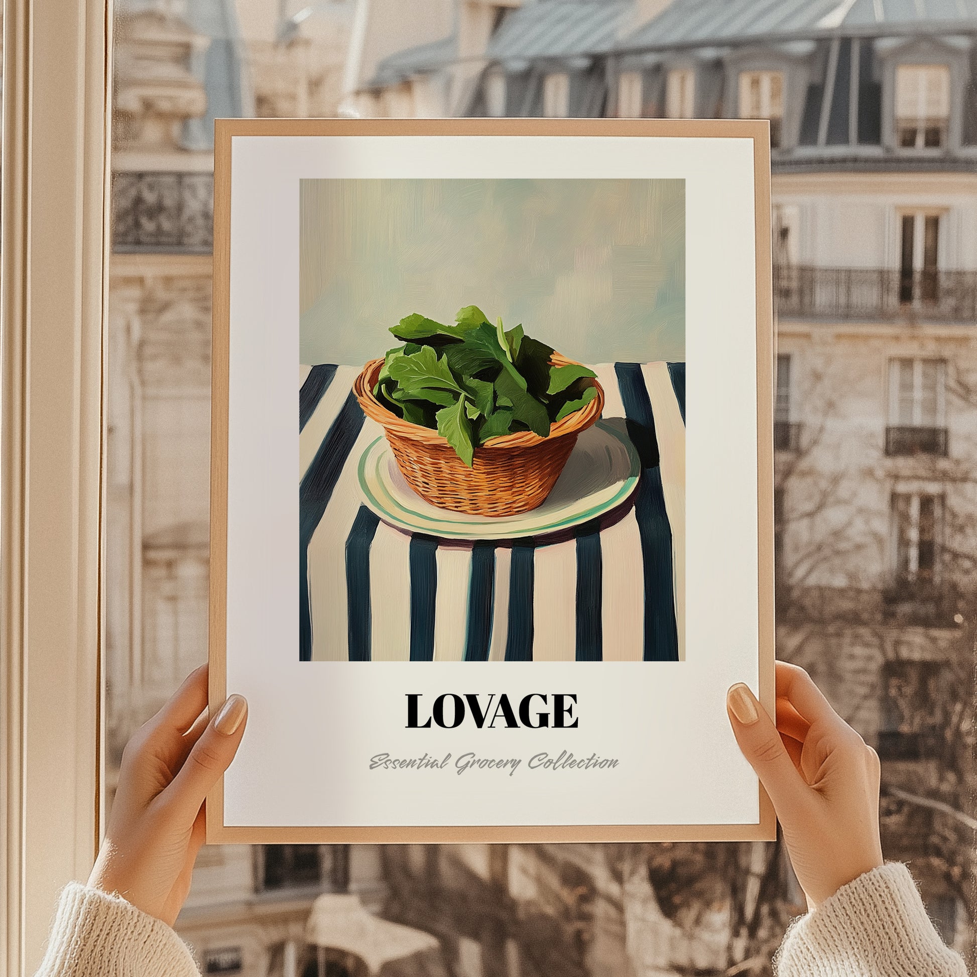 Lovage – on Striped Tablecloth, Fresh Herbs Illustration, styled in a charming Paris street view
