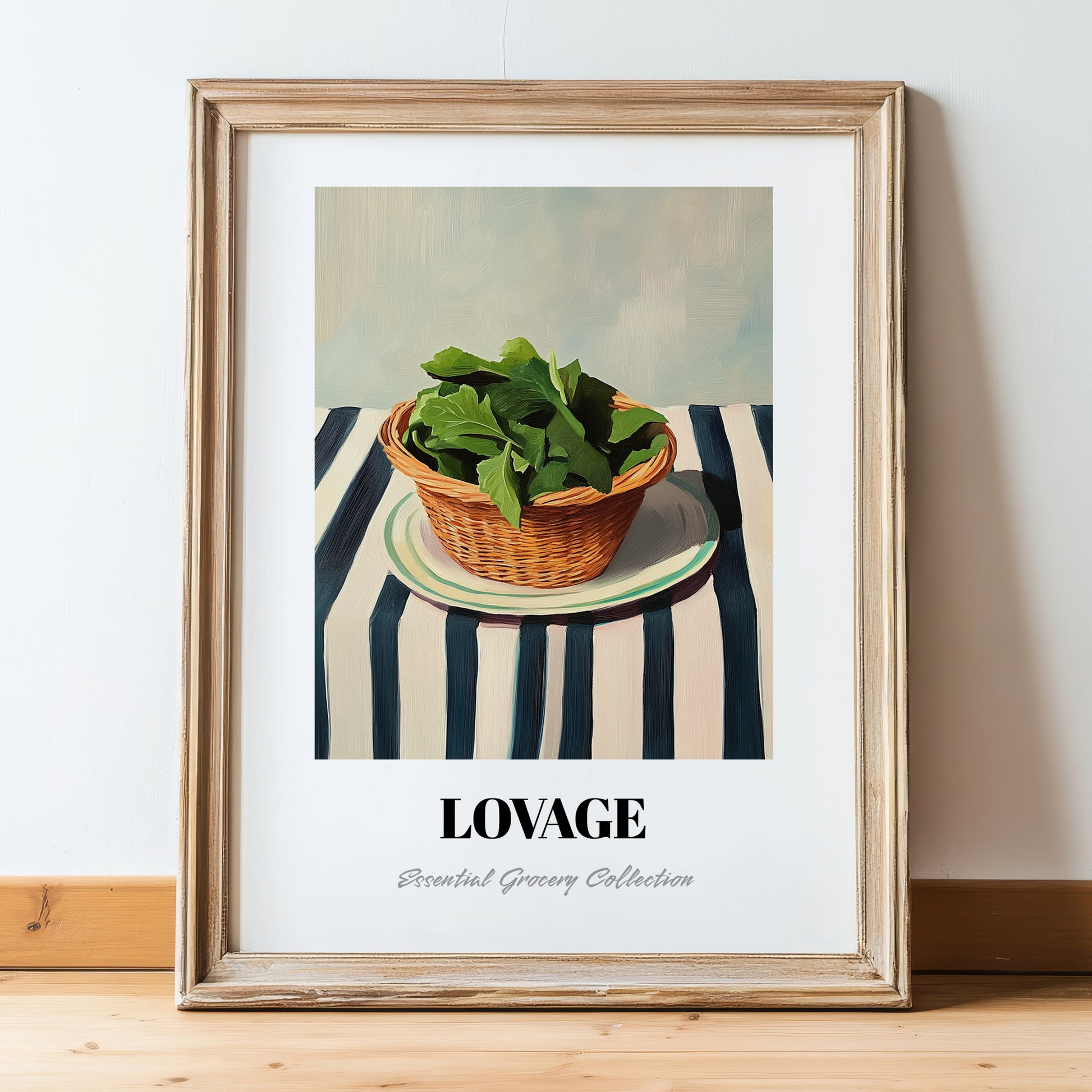 Lovage – on Striped Tablecloth, Fresh Herbs Illustration, in wooden frame leaning on the floor