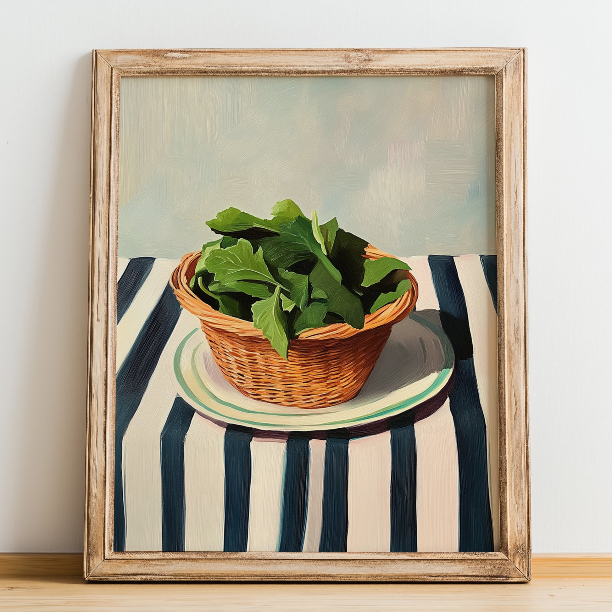 Lovage – on Striped Tablecloth, Fresh Herbs Illustration, no-text version framed in wood