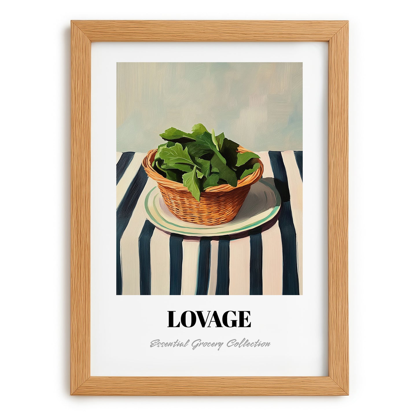 Lovage – on Striped Tablecloth, Fresh Herbs Illustration, set in oak frame