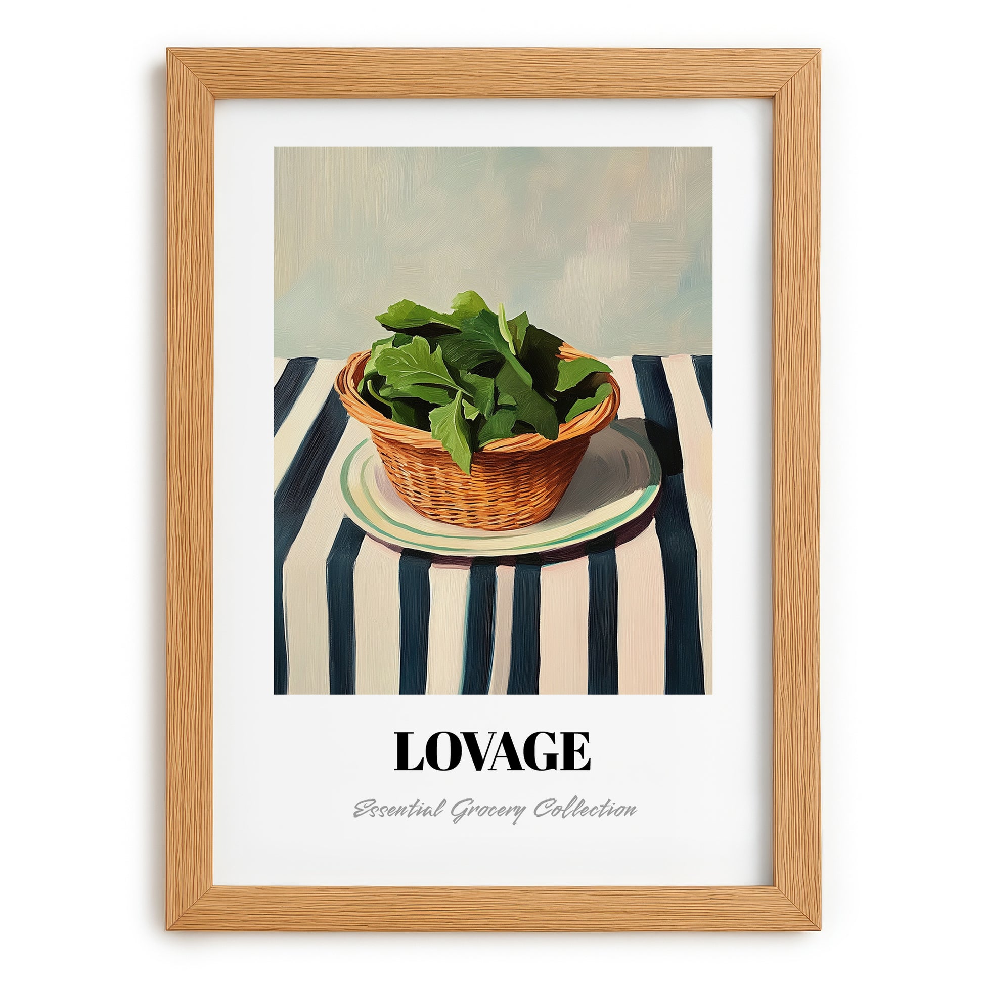 Lovage – on Striped Tablecloth, Fresh Herbs Illustration, set in oak frame