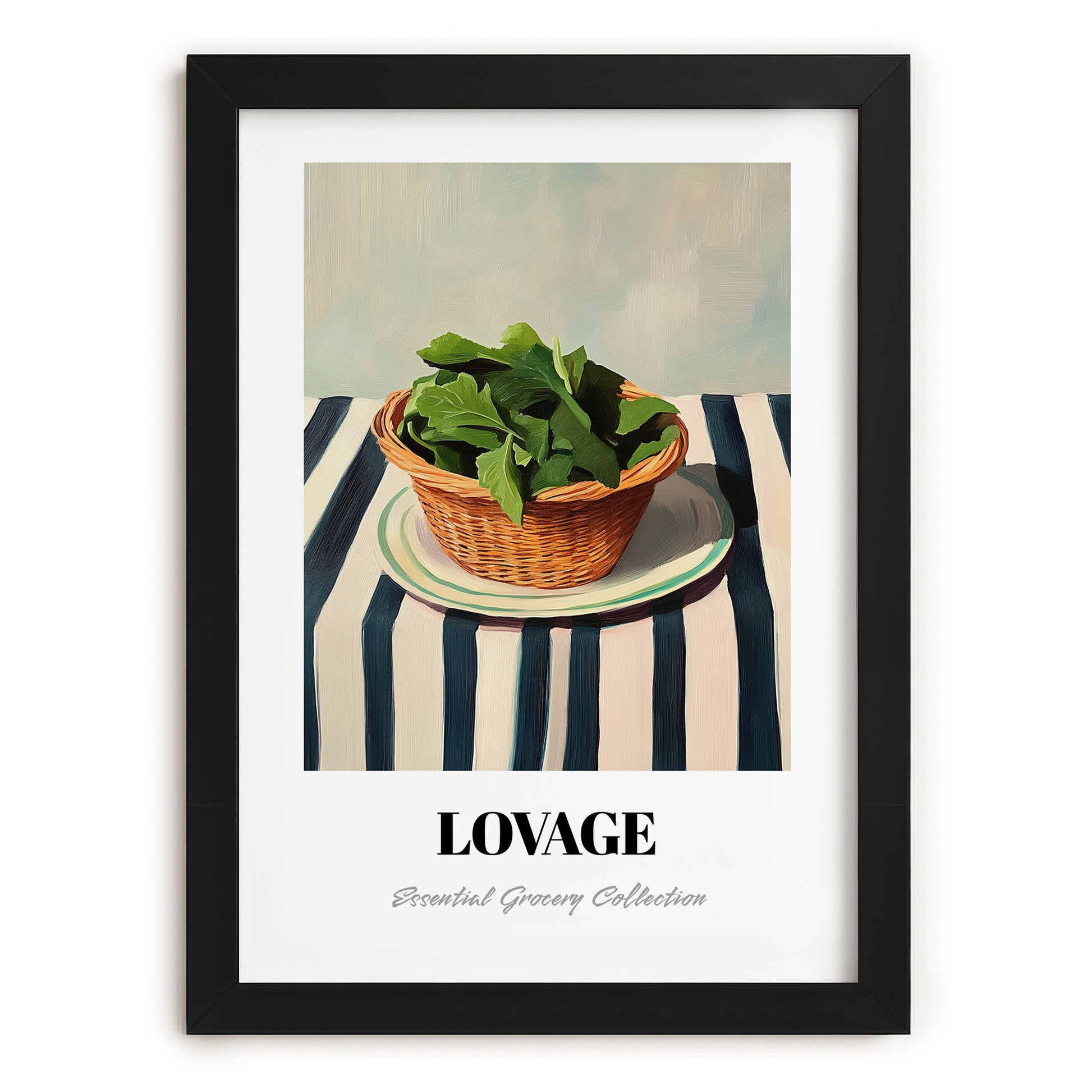 Lovage – on Striped Tablecloth, Fresh Herbs Illustration, in sleek black frame