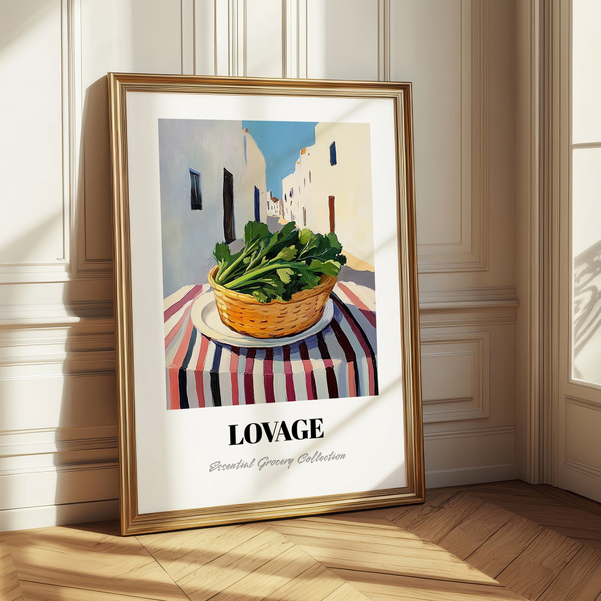 Lovage – White village Street Café Scene, Fresh Herbs Painting