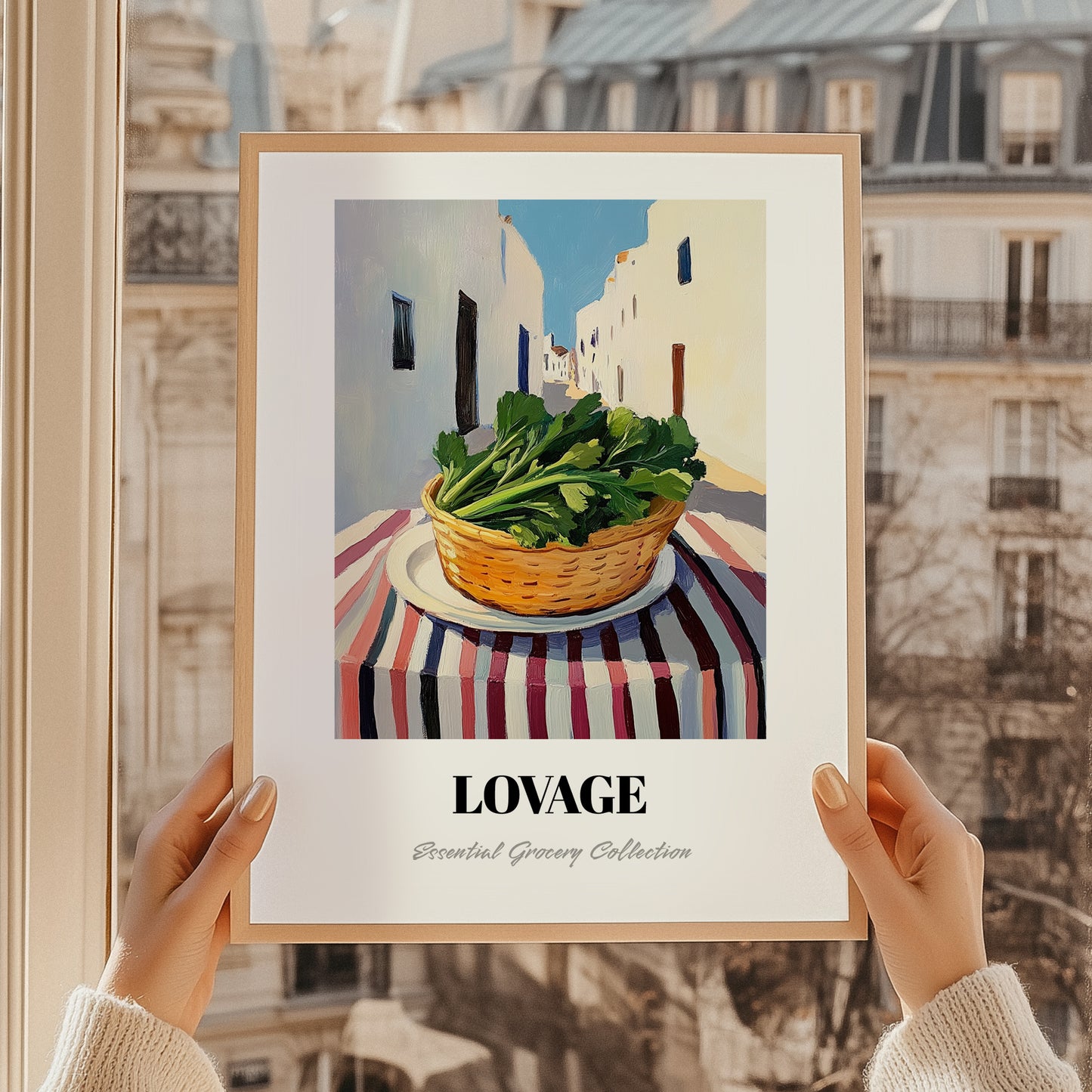 Lovage – White village Street Café Scene, Fresh Herbs Painting, styled in a charming Paris street view