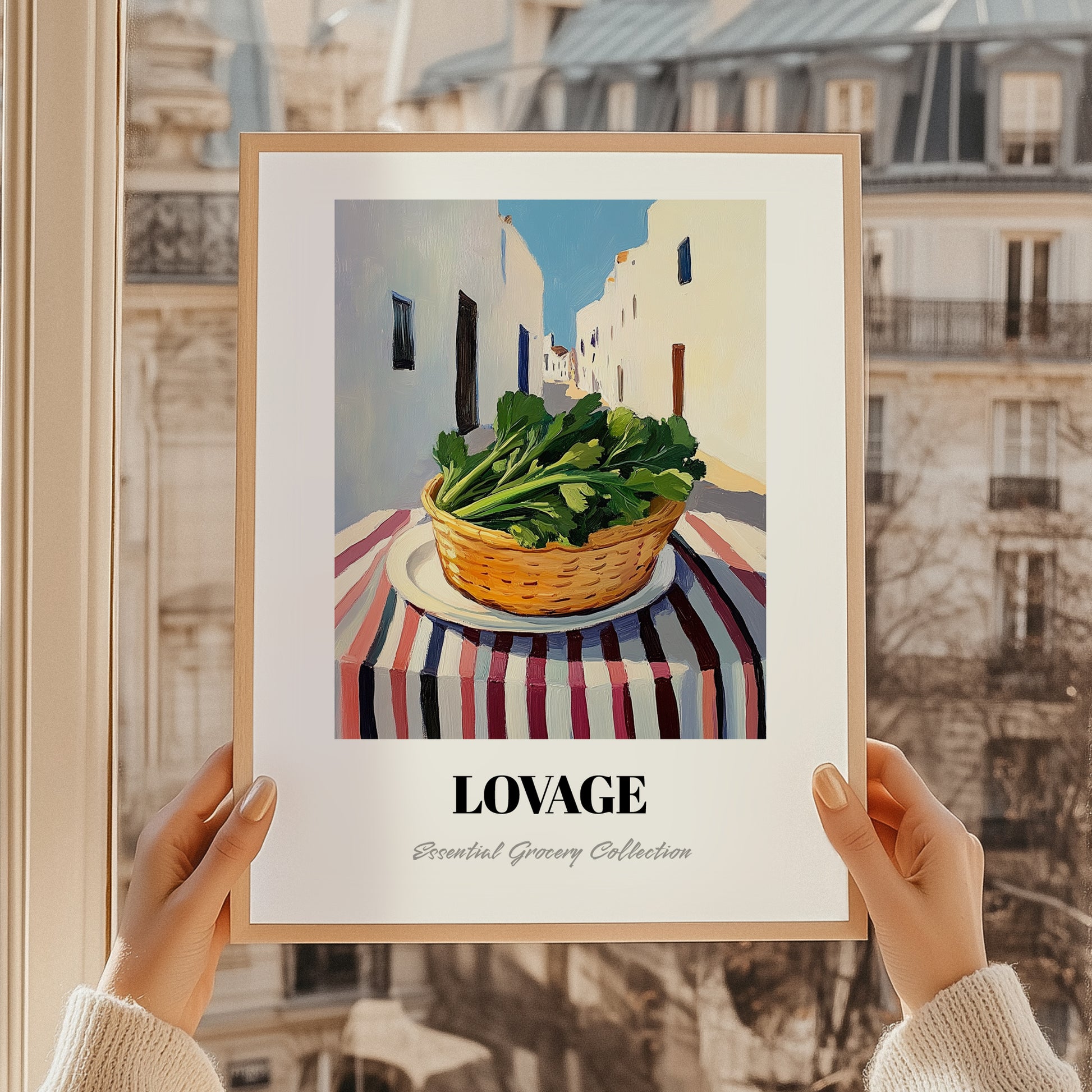 Lovage – White village Street Café Scene, Fresh Herbs Painting, styled in a charming Paris street view