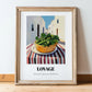 Lovage – White village Street Café Scene, Fresh Herbs Painting, in wooden frame leaning on the floor