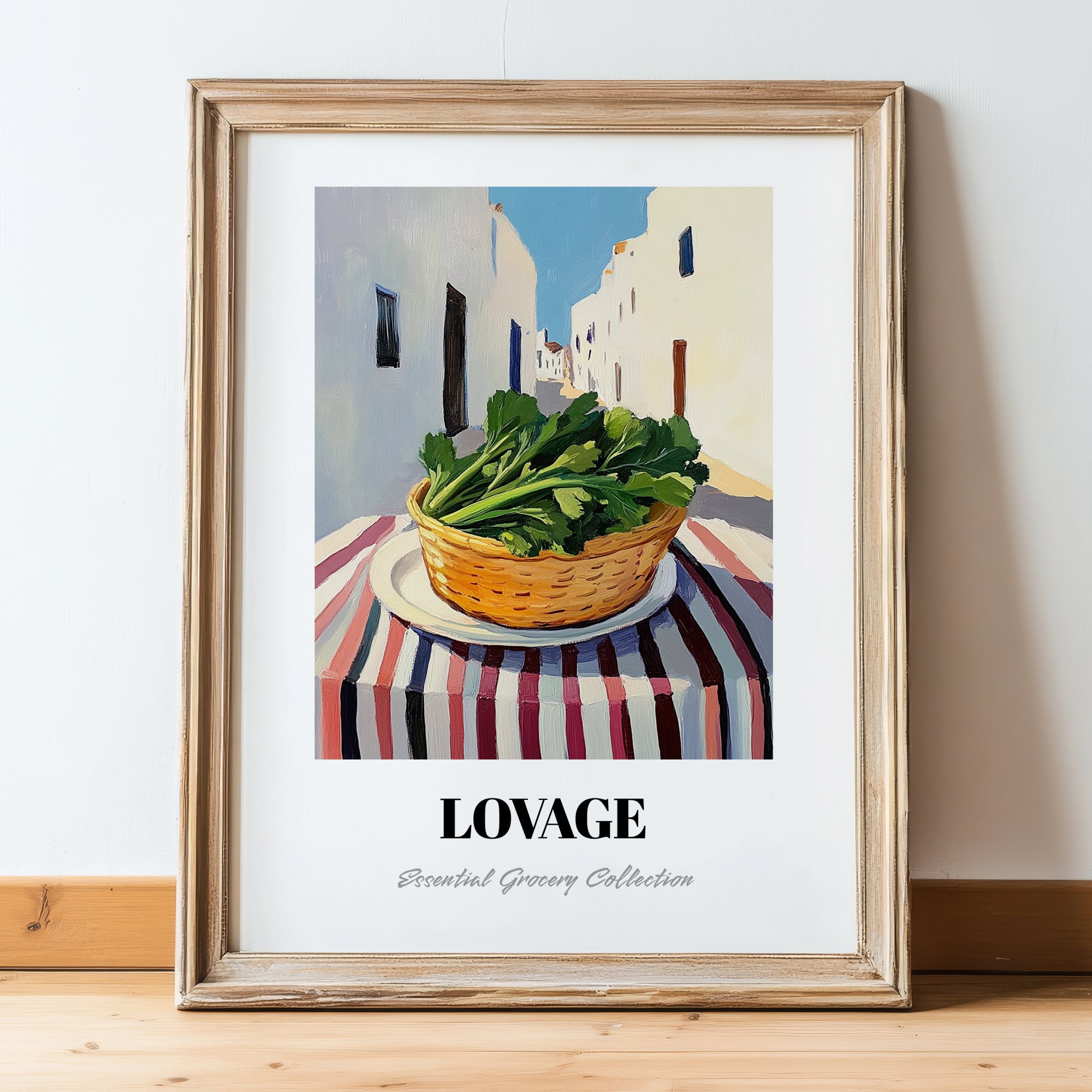 Lovage – White village Street Café Scene, Fresh Herbs Painting, in wooden frame leaning on the floor