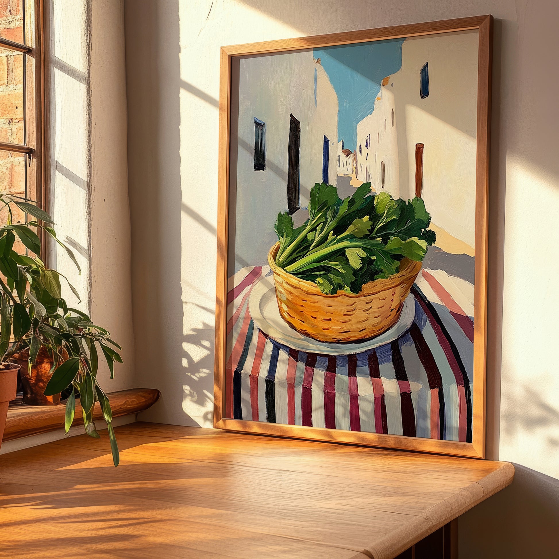 Lovage – White village Street Café Scene, Fresh Herbs Painting, clean layout with no caption