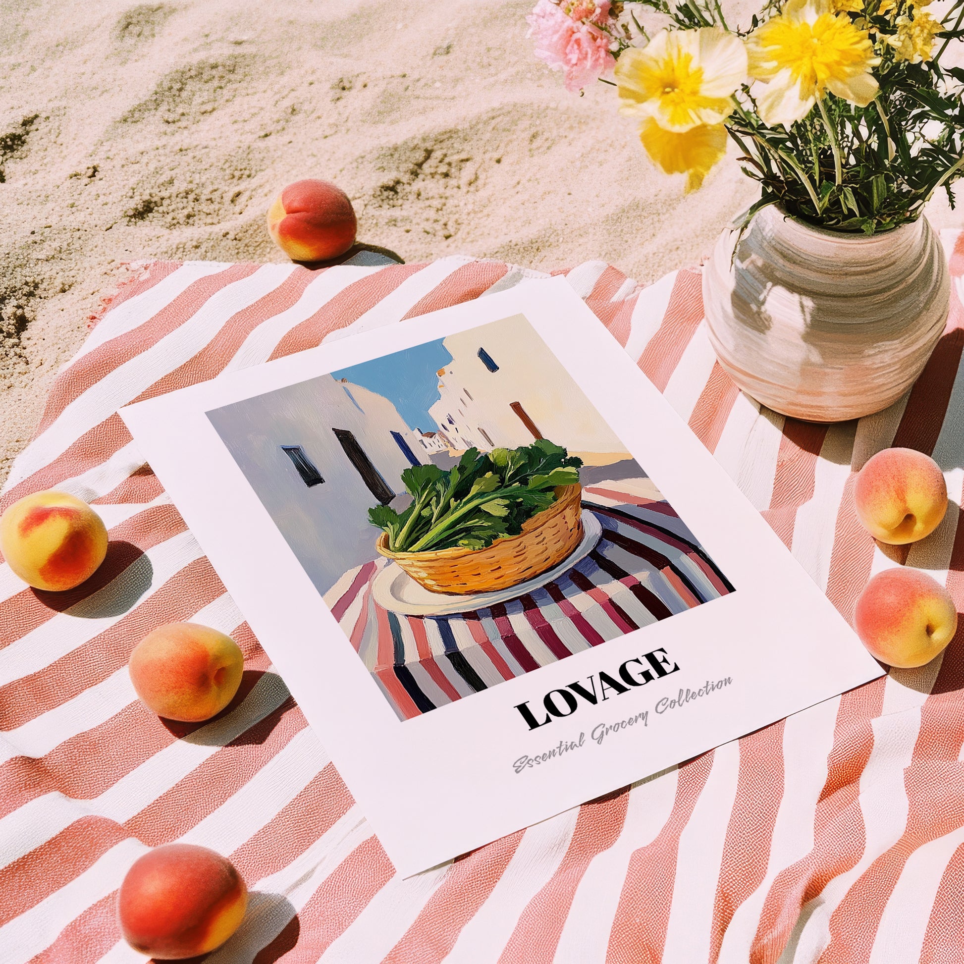 Lovage – White village Street Café Scene, Fresh Herbs Painting, unframed on coastal sand