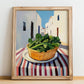 Lovage – White village Street Café Scene, Fresh Herbs Painting, no-text version framed in wood