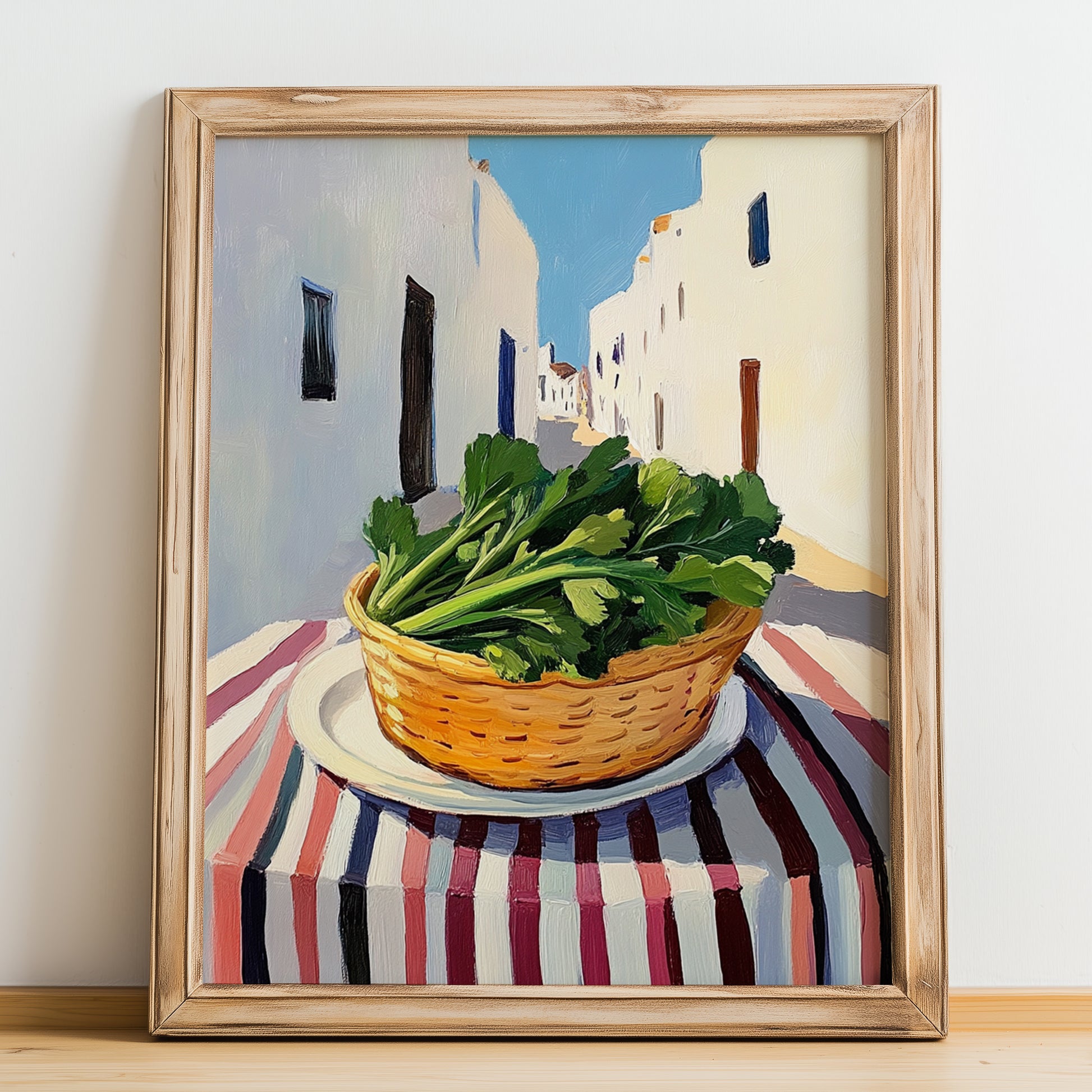 Lovage – White village Street Café Scene, Fresh Herbs Painting, no-text version framed in wood