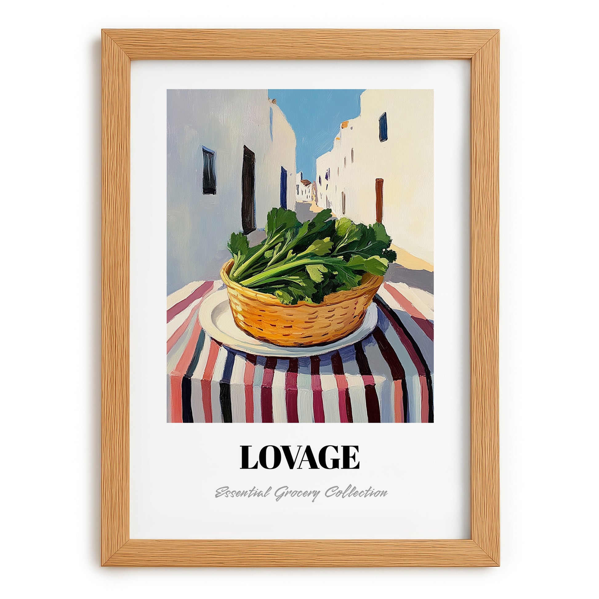 Lovage – White village Street Café Scene, Fresh Herbs Painting, set in oak frame