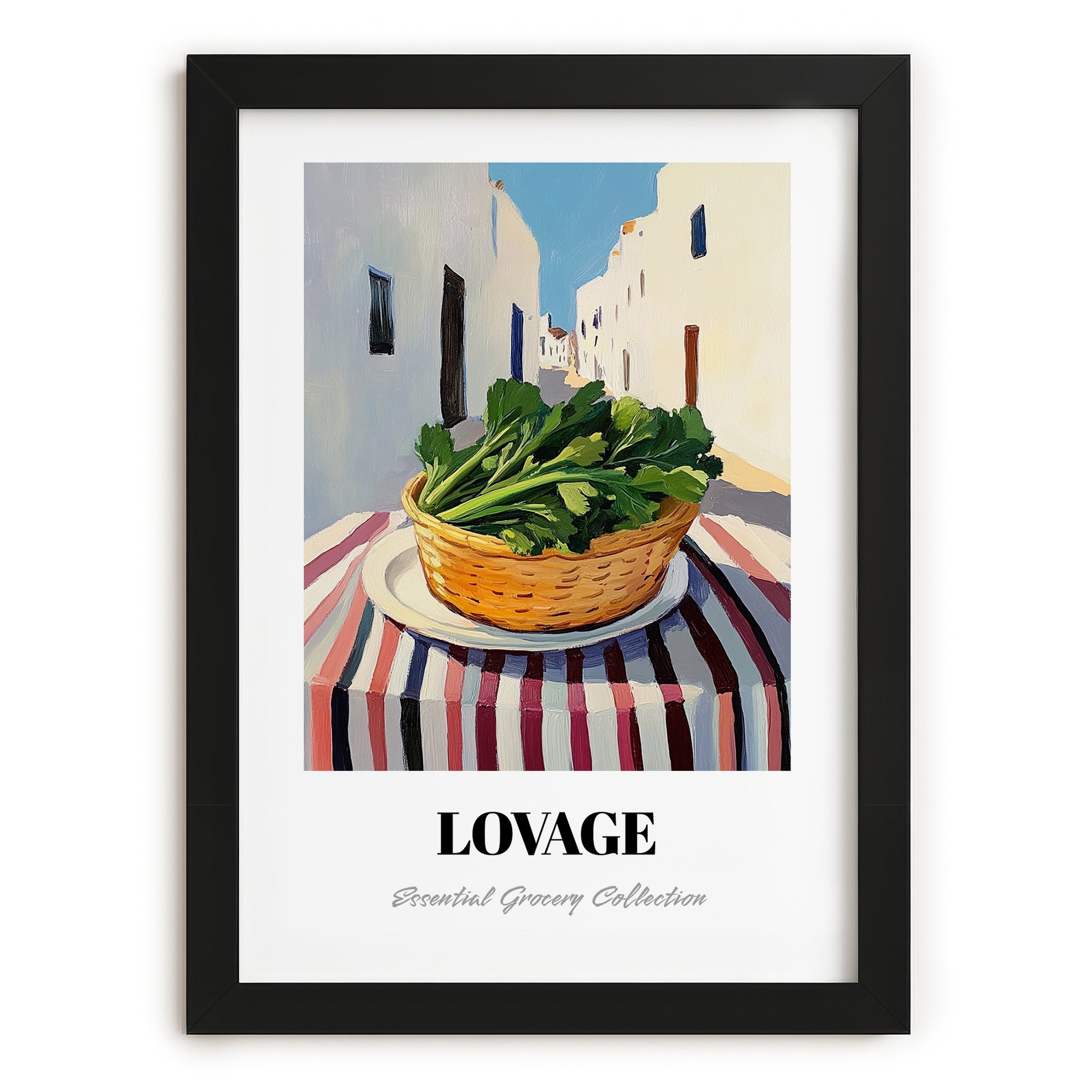 Lovage – White village Street Café Scene, Fresh Herbs Painting, in sleek black frame
