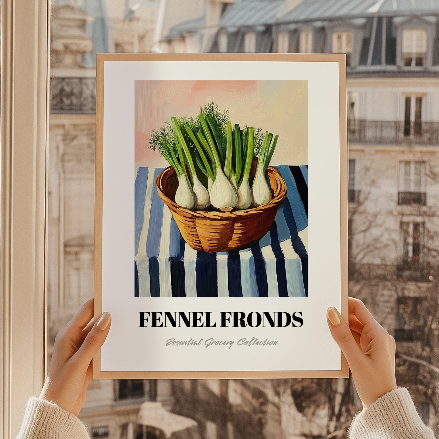 Fennel Fronds – on Striped Tablecloth, Fresh Herbs Still Life, styled in a charming Paris street view