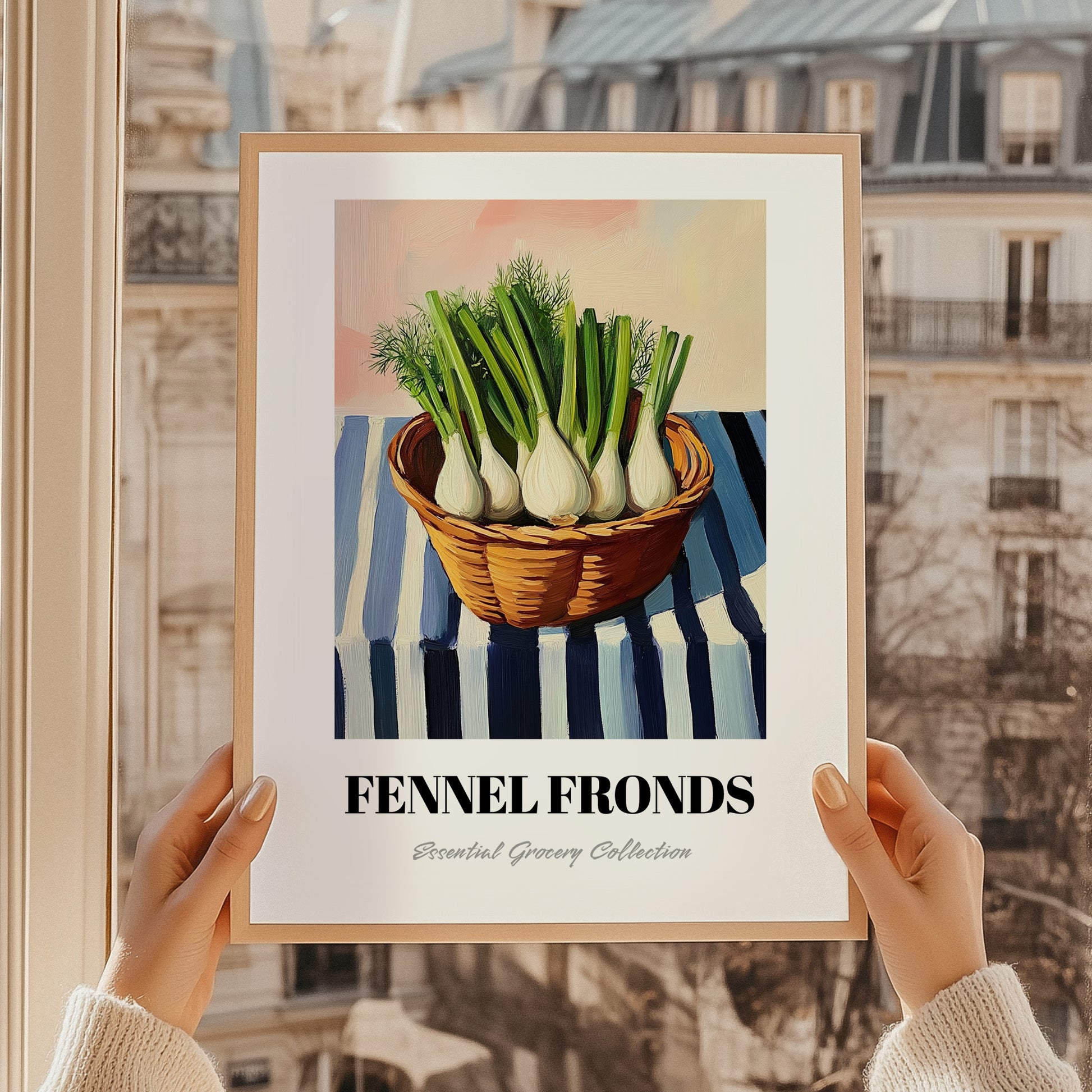 Fennel Fronds – on Striped Tablecloth, Fresh Herbs Still Life, styled in a charming Paris street view