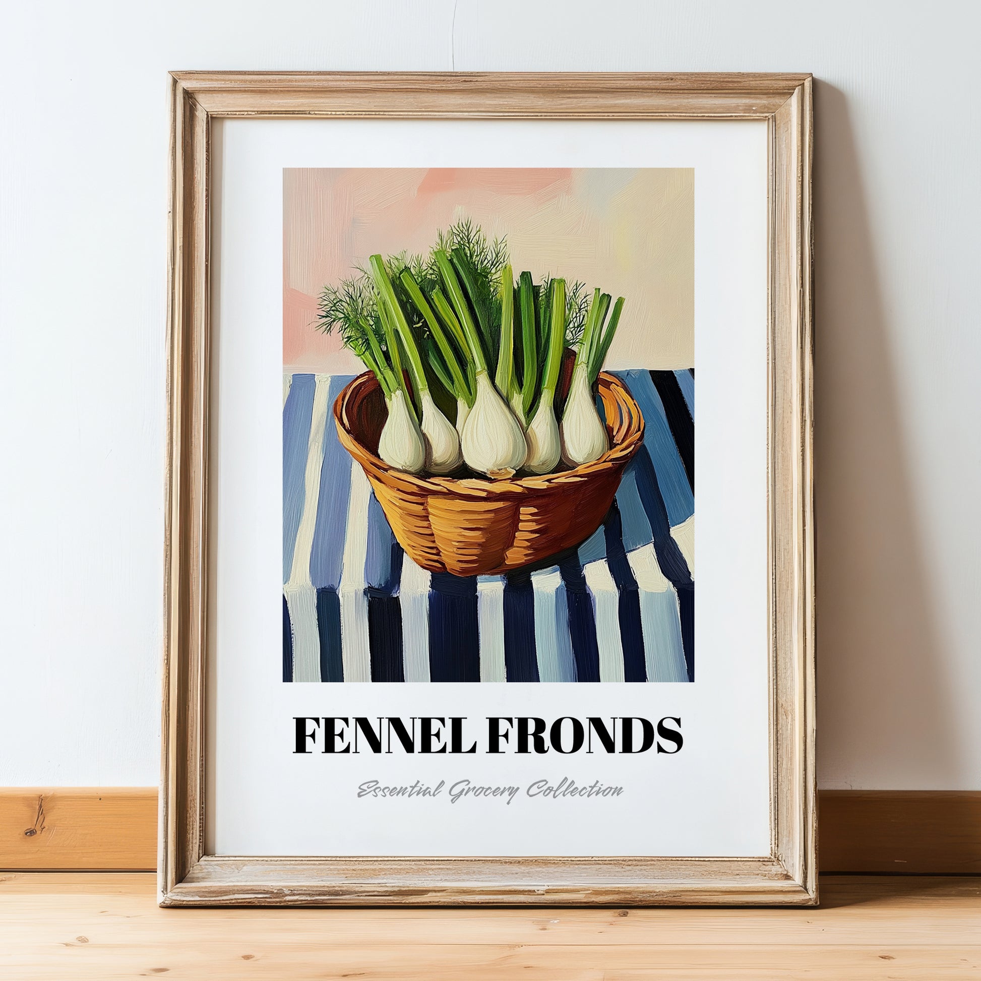 Fennel Fronds – on Striped Tablecloth, Fresh Herbs Still Life, in wooden frame leaning on the floor