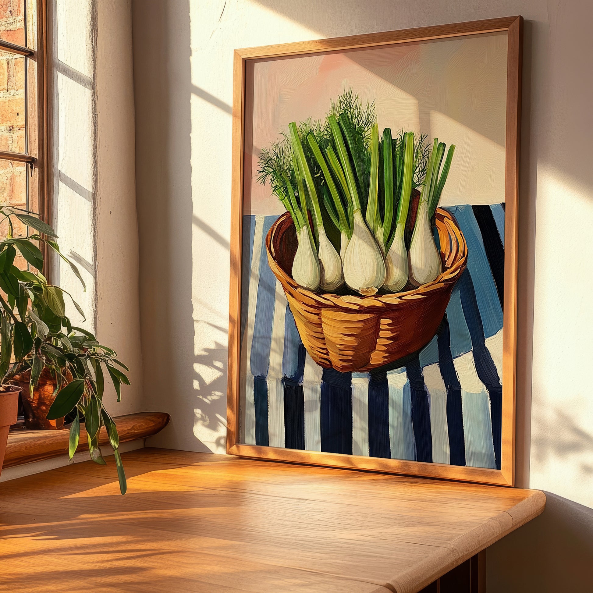 Fennel Fronds – on Striped Tablecloth, Fresh Herbs Still Life, clean layout with no caption