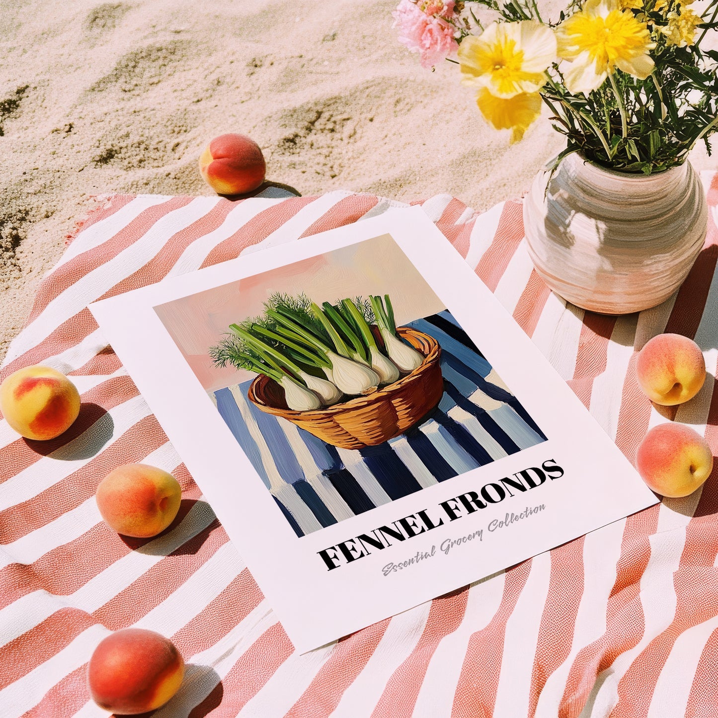 Fennel Fronds – on Striped Tablecloth, Fresh Herbs Still Life, unframed on coastal sand