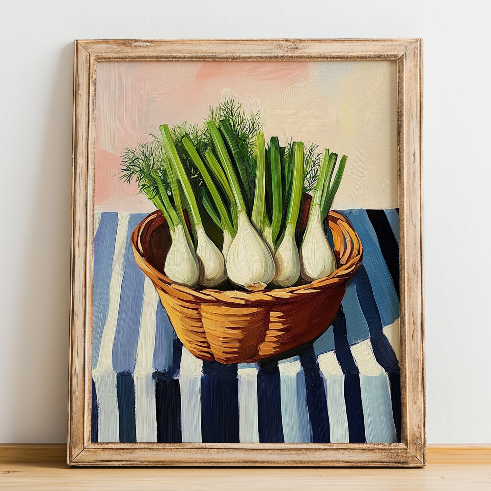 Fennel Fronds – on Striped Tablecloth, Fresh Herbs Still Life, no-text version framed in wood