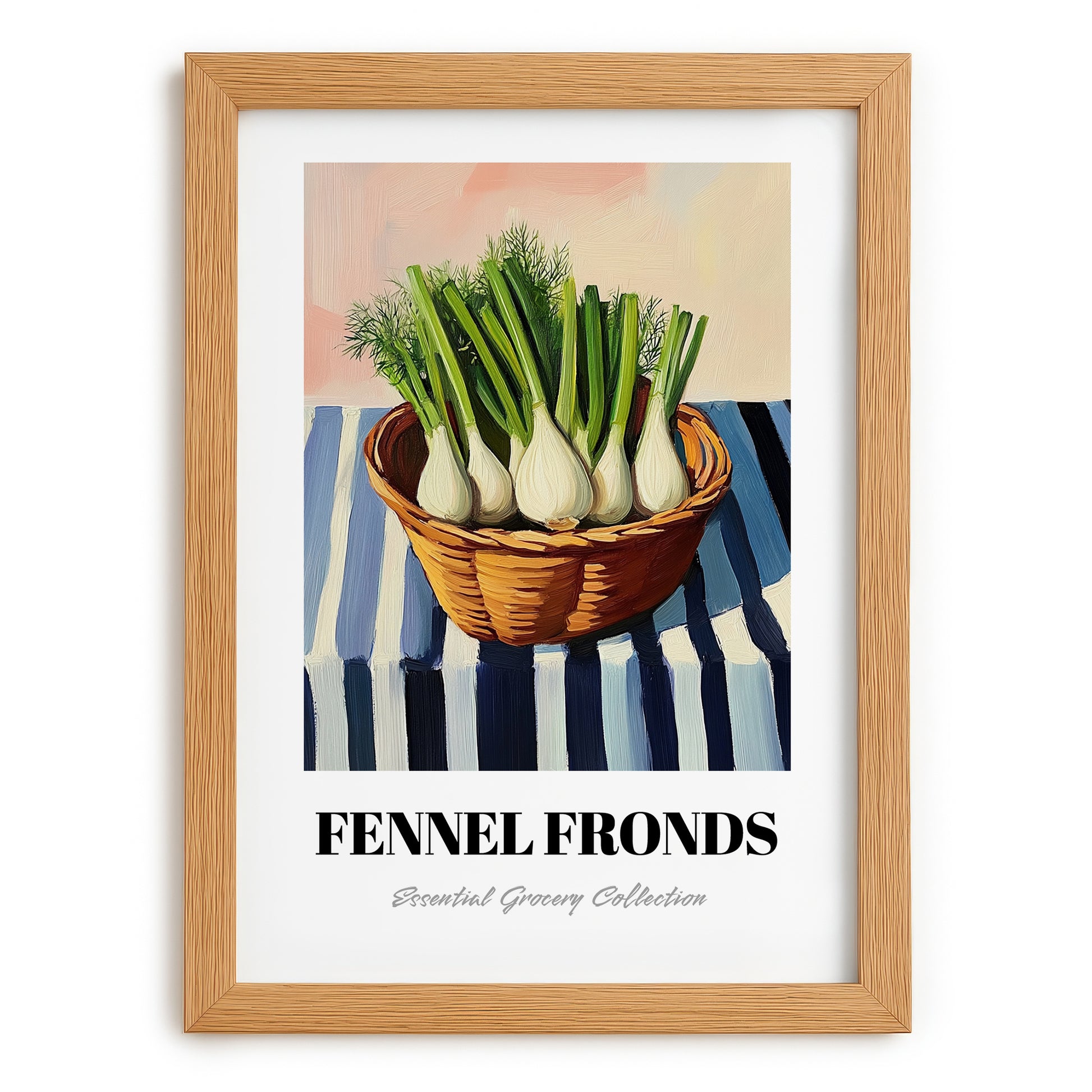 Fennel Fronds – on Striped Tablecloth, Fresh Herbs Still Life, set in oak frame