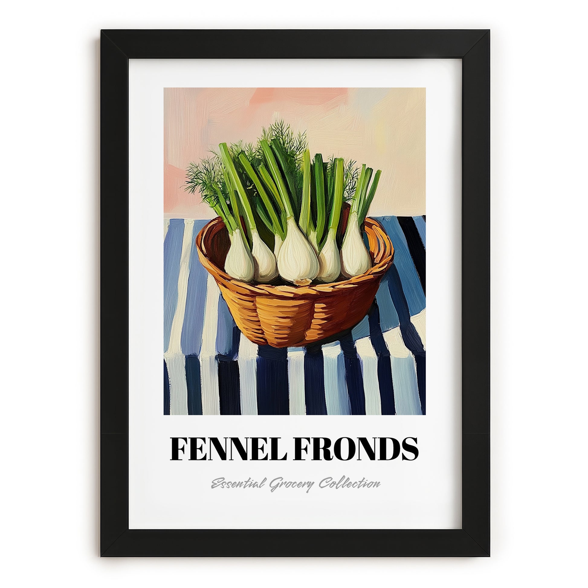 Fennel Fronds – on Striped Tablecloth, Fresh Herbs Still Life, in sleek black frame