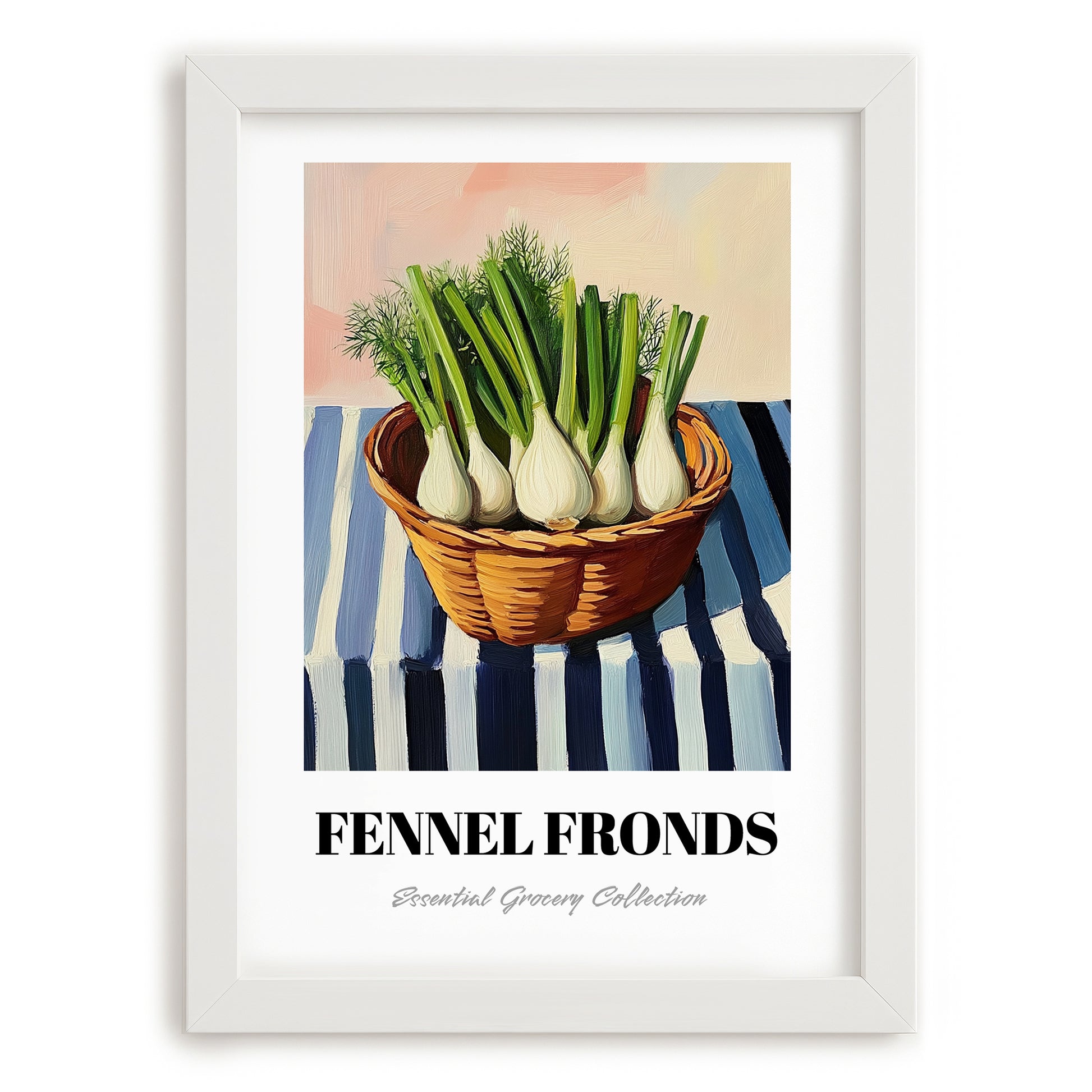 Fennel Fronds – on Striped Tablecloth, Fresh Herbs Still Life, placed in minimal white frame