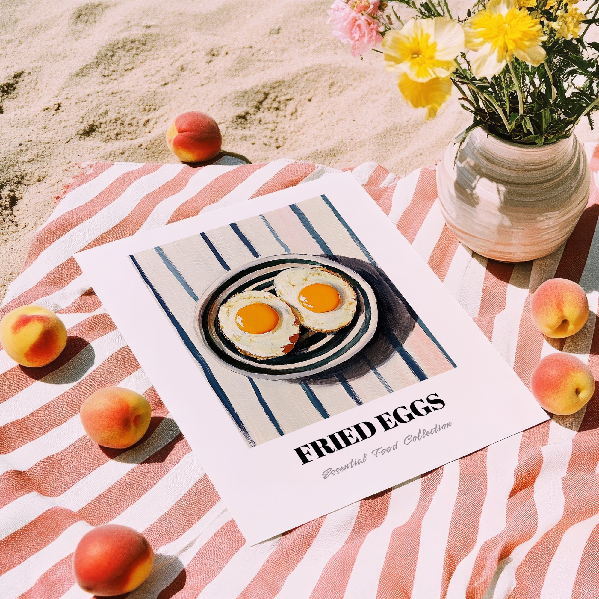 Fried Eggs – on Striped Tablecloth, American Food Painting, unframed on coastal sand