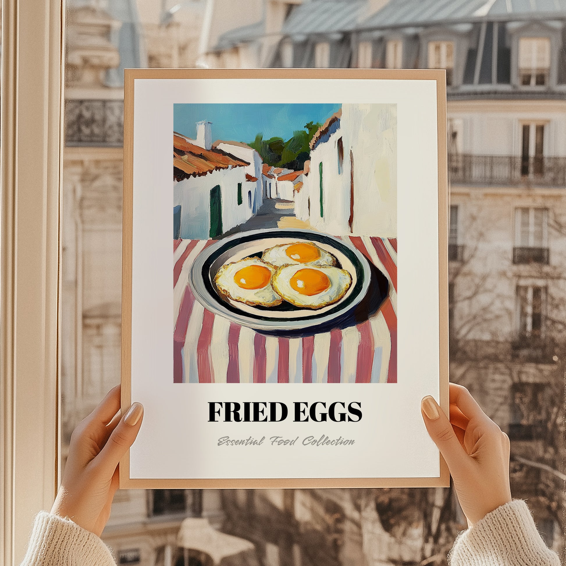 Fried Eggs – White village Urban Café Scene, American Food Poster, styled in a charming Paris street view