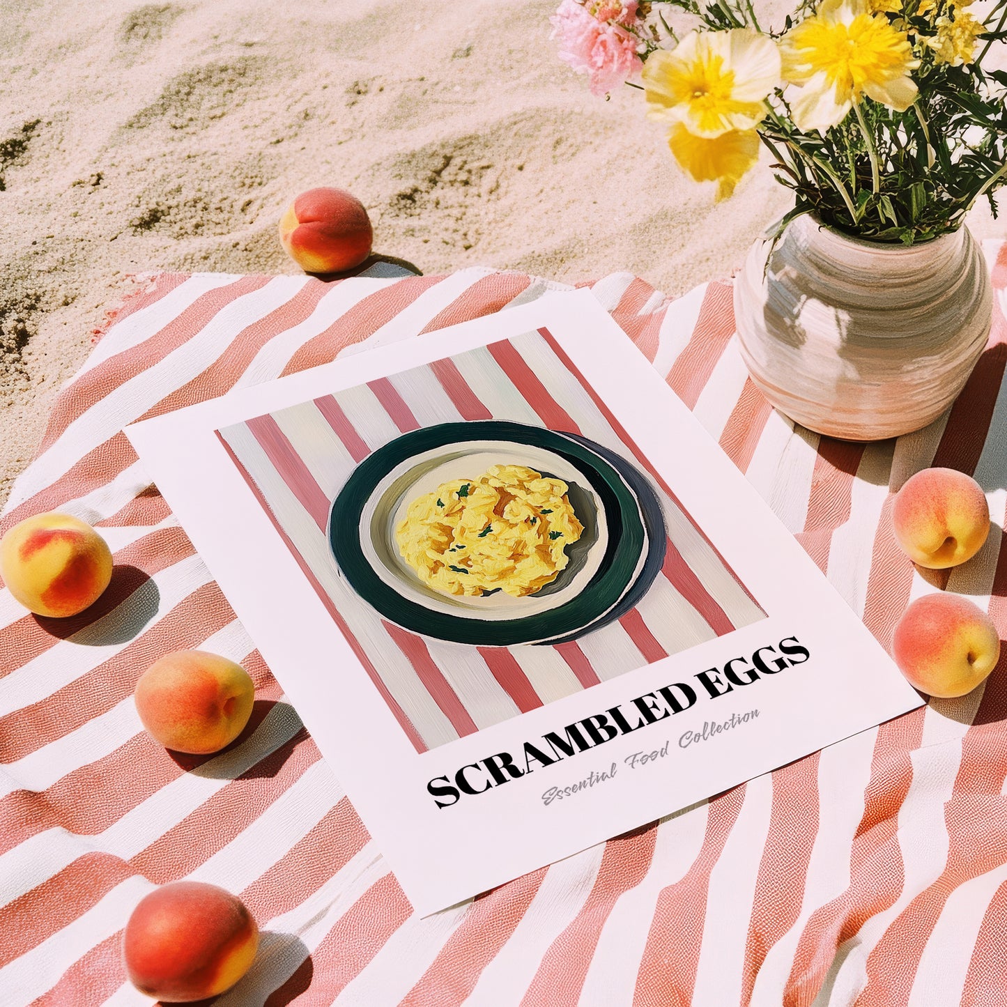 Scrambled Eggs – on Striped Tablecloth, American Food Poster, unframed on coastal sand