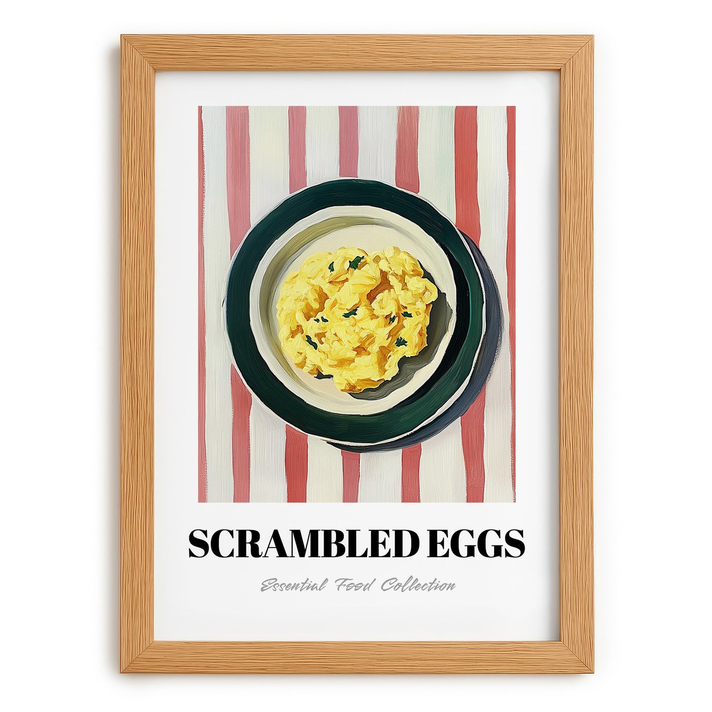 Scrambled Eggs – on Striped Tablecloth, American Food Poster, set in oak frame