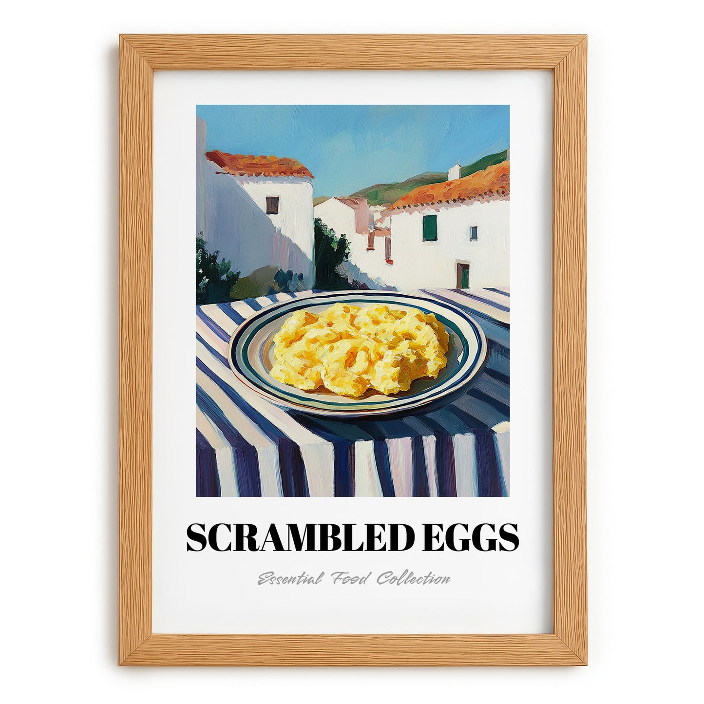 Scrambled Eggs – White village Café on the Corner, American Food Wall Illustration, set in oak frame