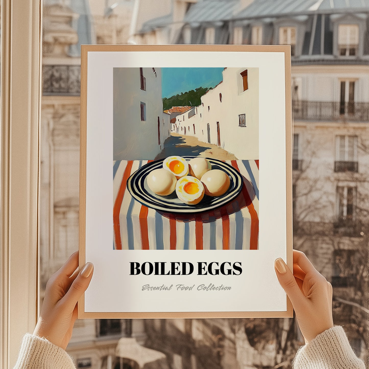 Boiled Eggs – White village Café on the Corner, American Food Wall Print, styled in a charming Paris street view