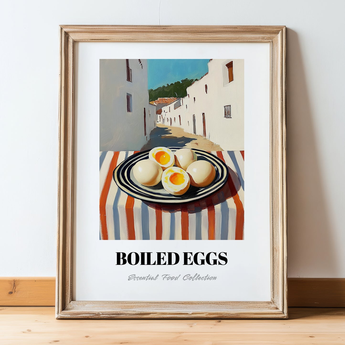 Boiled Eggs – White village Café on the Corner, American Food Wall Print, in wooden frame leaning on the floor