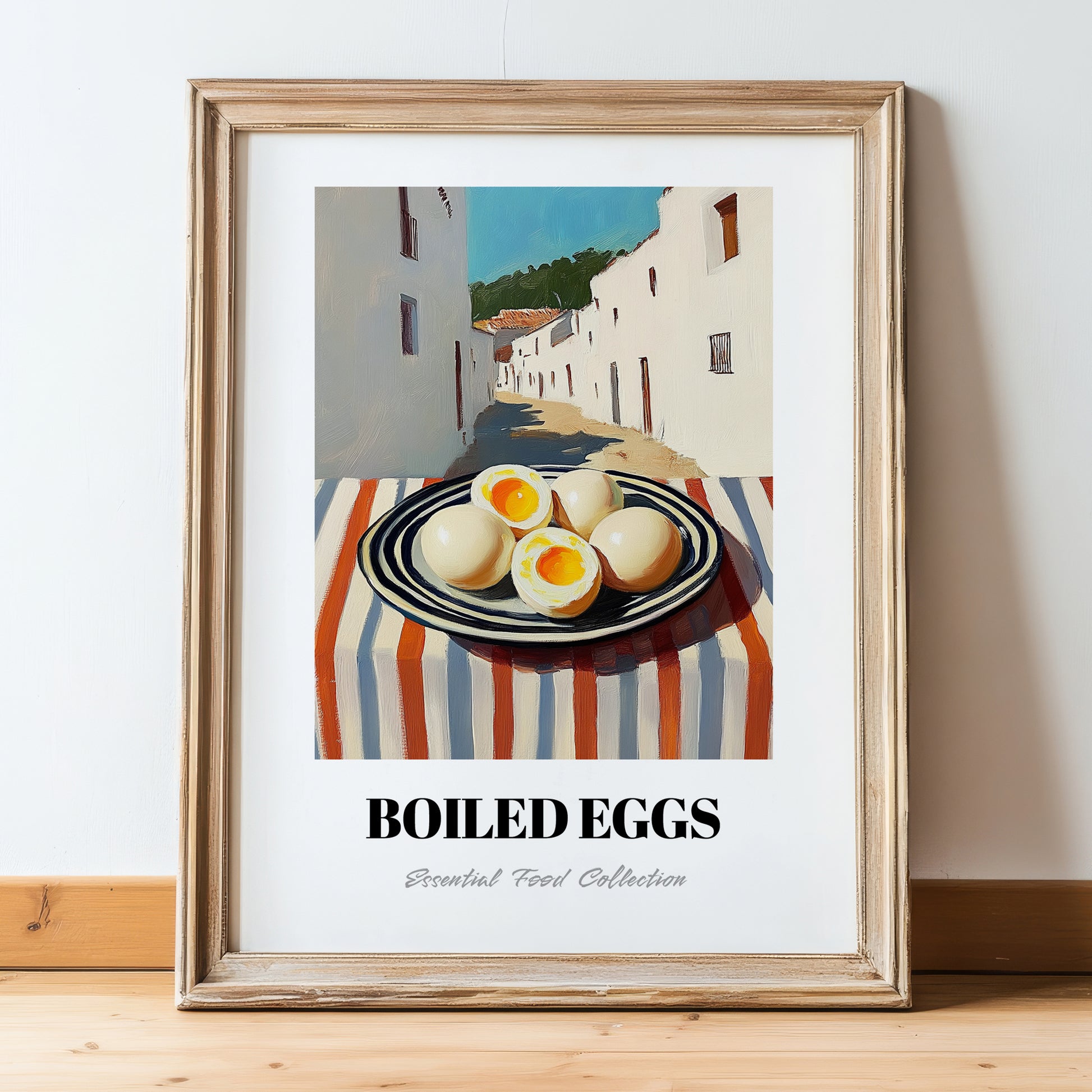 Boiled Eggs – White village Café on the Corner, American Food Wall Print, in wooden frame leaning on the floor