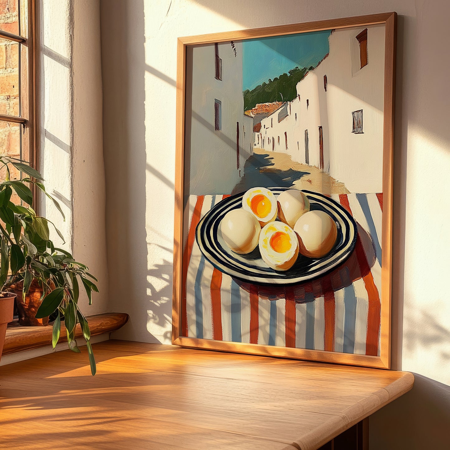 Boiled Eggs – White village Café on the Corner, American Food Wall Print, clean layout with no caption